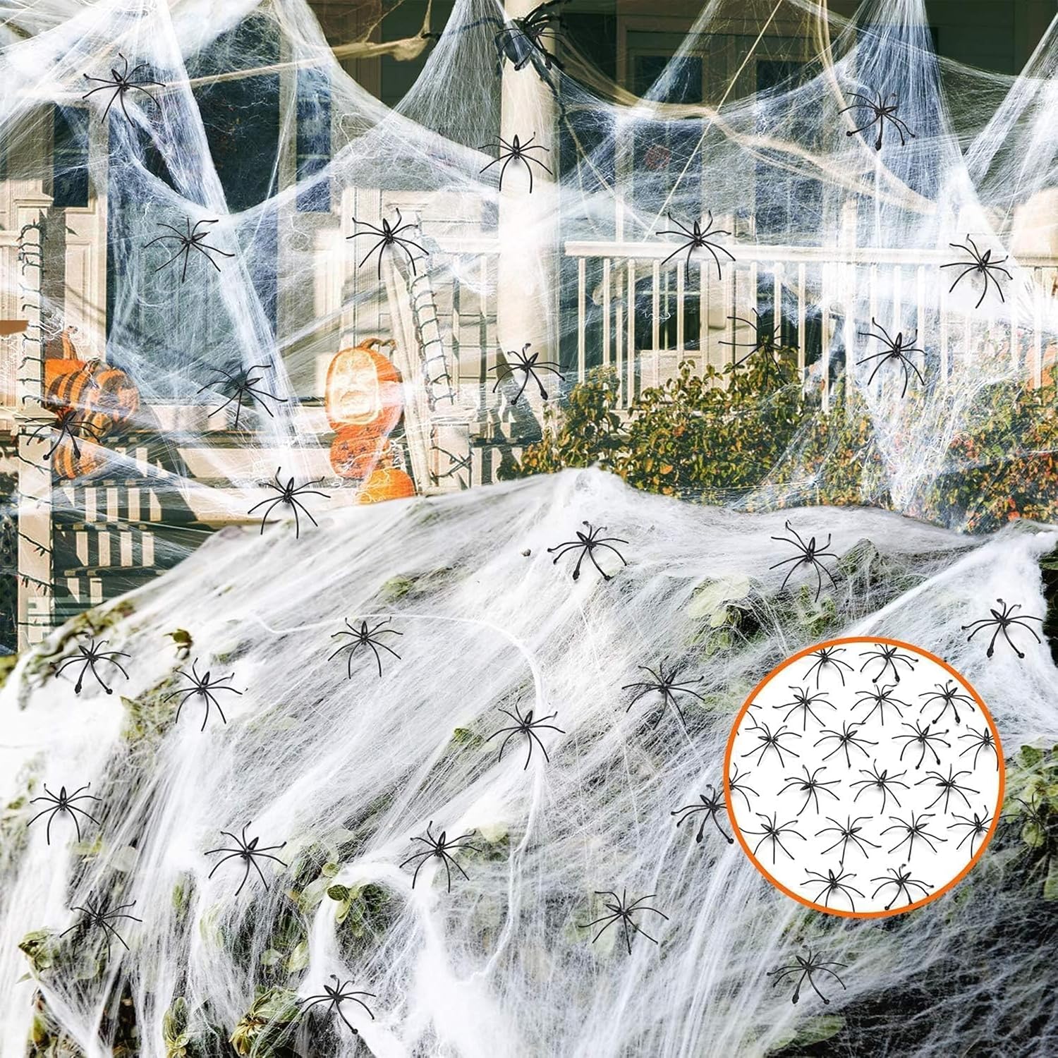 Telaraña de Halloween de 1500 pies cuadrados con 60 arañas falsas extra, telarañas falsas superelásticas, telarañas blancas espeluznantes,