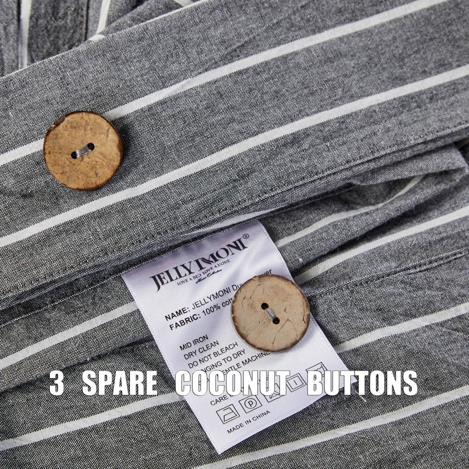 JELLYMONI Pinstriped 100% Washed Cotton Linen Like Duvet Cover Set, 3 Pieces Luxury Soft Bedding Set with Buttons Closure, Grey Stripes Pattern