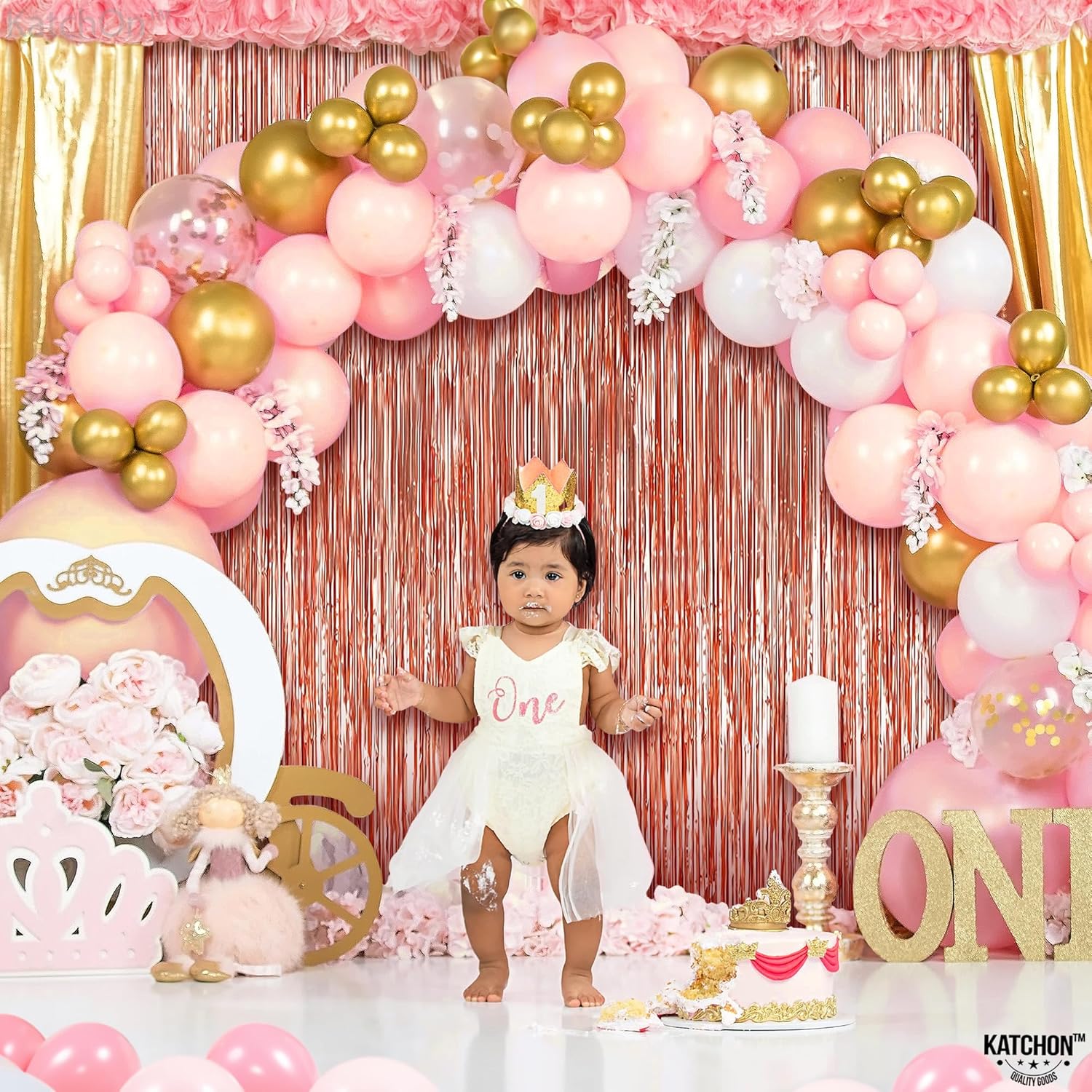 KatchOn, Cortina de flecos de oro rosa extra grande  Paquete de 2  Fondo de oro rosa, globos de 12 cumpleaños  Globos de oro rosa con el número 12
