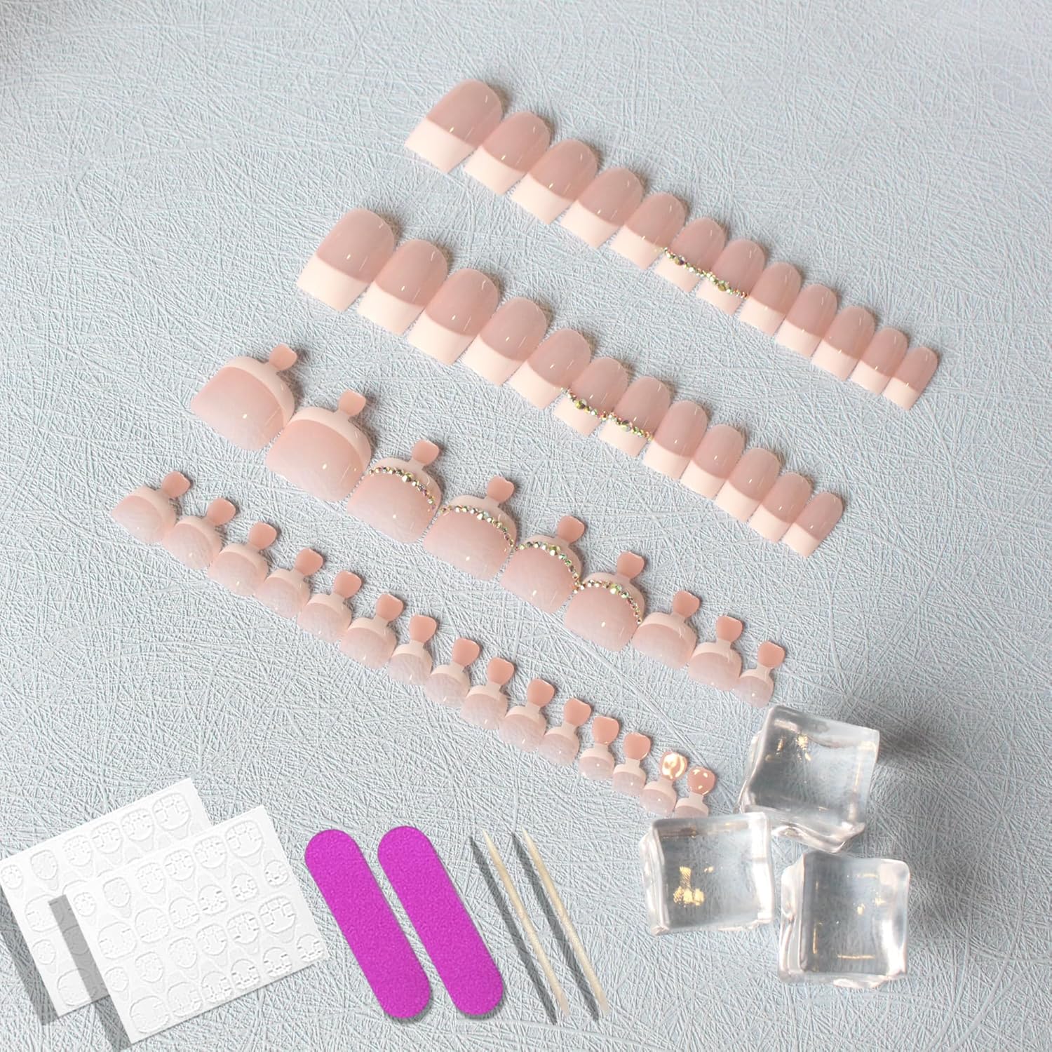 Xcrear – Juego de uñas postizas a presión francesas blancas con purpurina, uñas medianas y con pegamento, uñas postizas medianas y falsas, uñas
