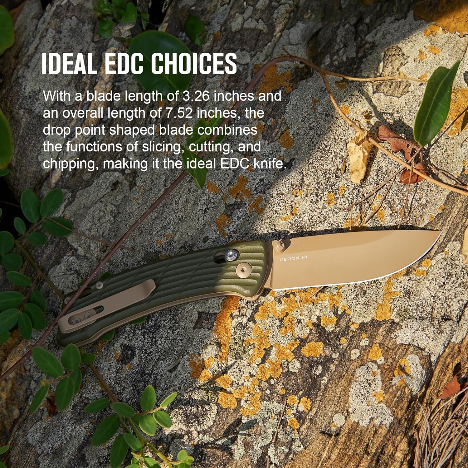 OKNIFE Heron R1 – Cuchillo de bolsillo plegable, cuchillo de bloqueo de eje con hoja D2 recubierta de cerakote de 3.26 pulgadas, mango G10, abridor