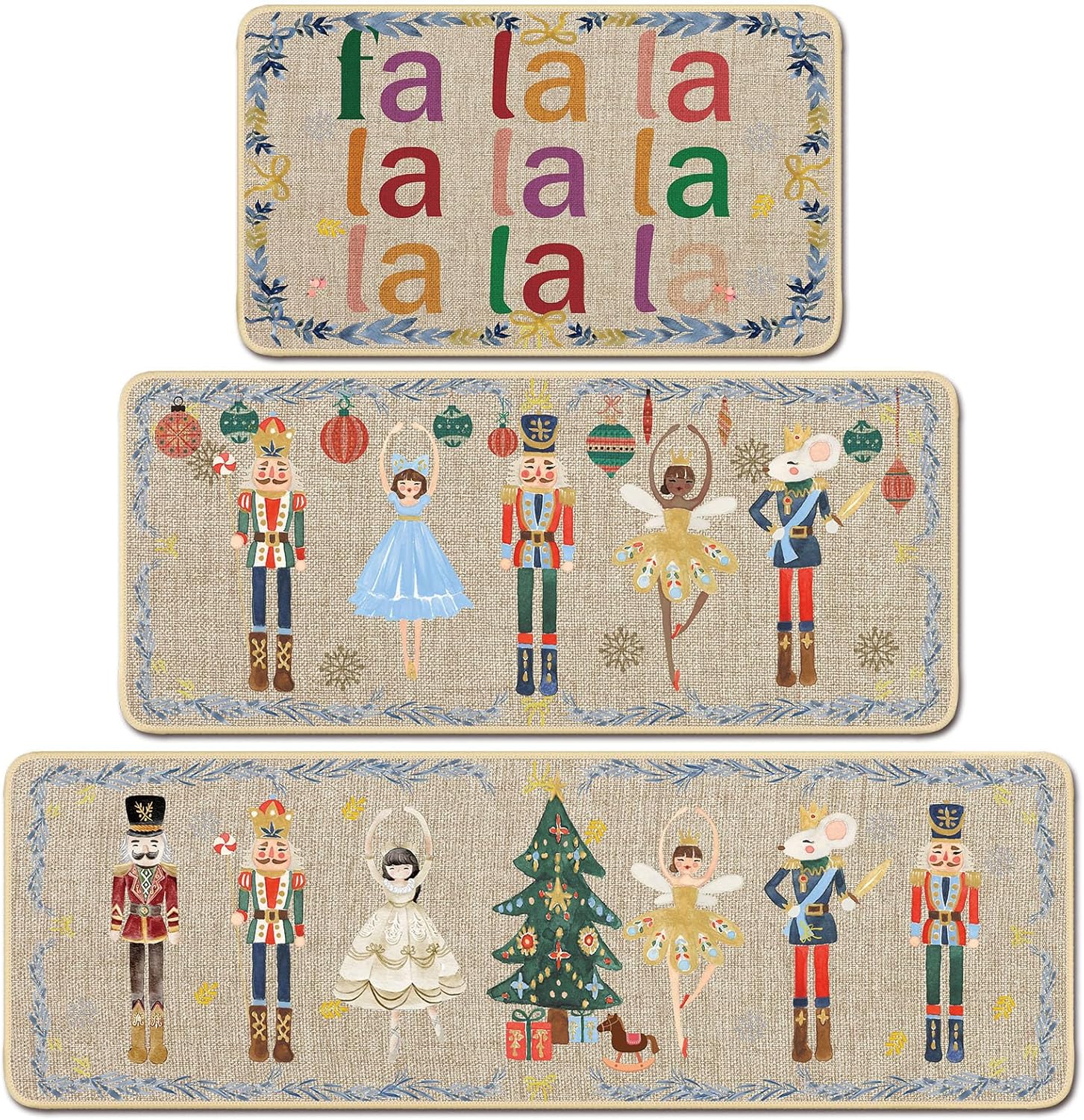 Layhit Juego de 3 tapetes de cocina de Navidad con alfombras y tapetes de pasillo de acuarela, tapetes decorativos de cocina de Navidad, alfombra de
