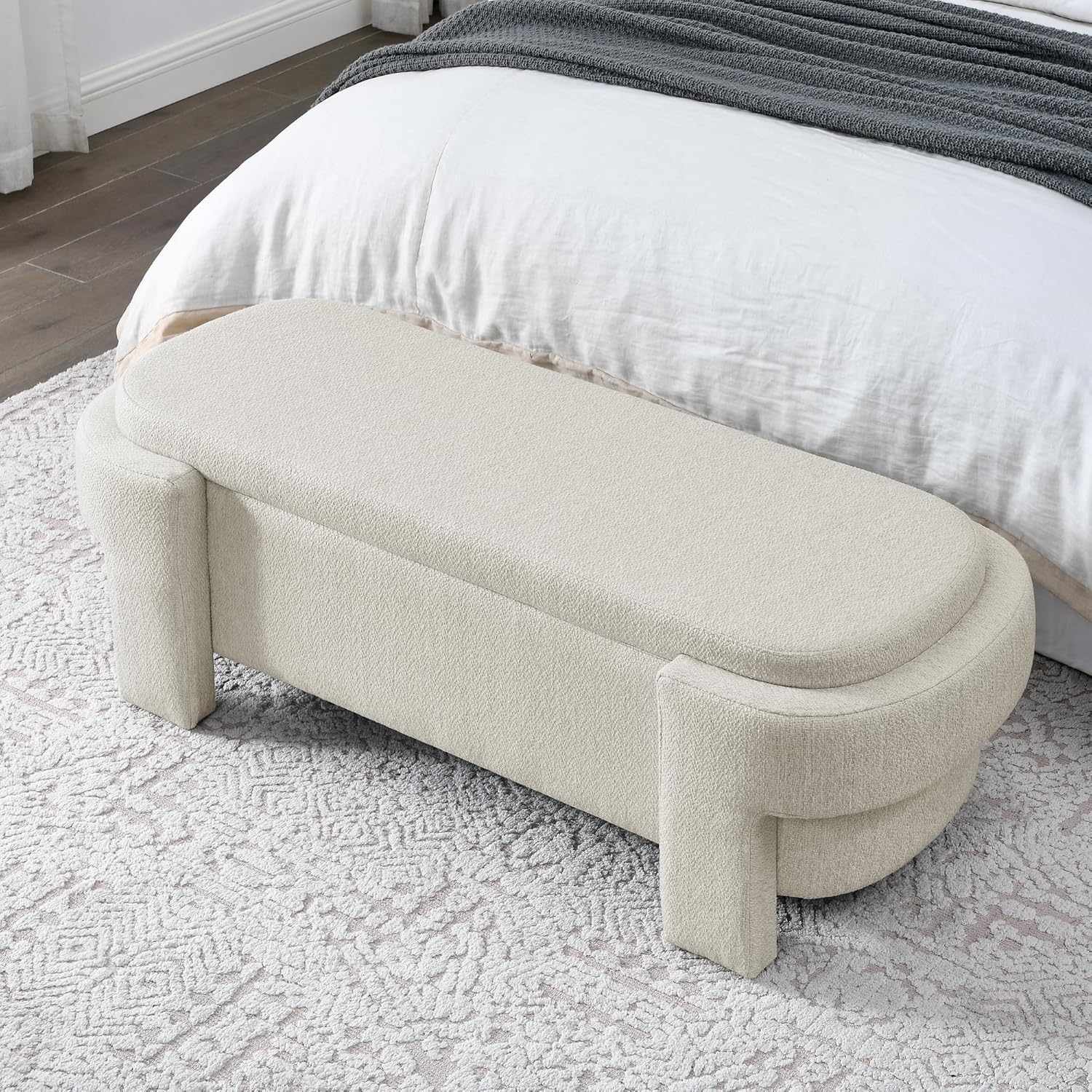 Banco otomano tapizado de tela de lino con gran espacio de almacenamiento, banco de almacenamiento para sala de estar, entrada, color beige