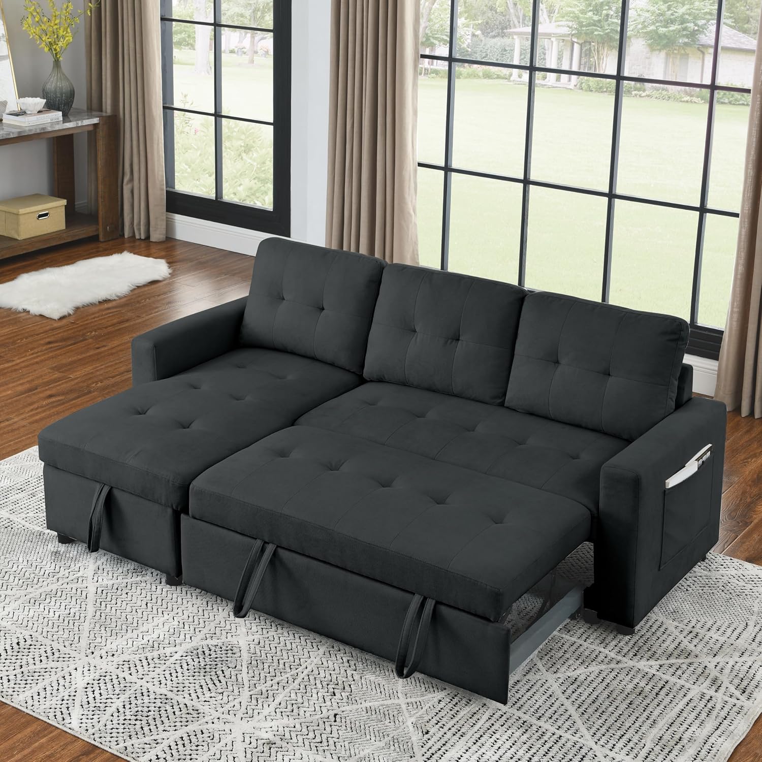 Ucloveria Sofá cama modular reversible para sala de estar en forma de L, sofá futón 2 en 1 con bolsa de almacenamiento lateral, negro, negro, 78.5