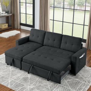 Ucloveria Sofá cama modular reversible para sala de estar en forma de L, sofá futón 2 en 1 con bolsa de almacenamiento lateral, negro, negro, 78.5 Ucloveria Sofá cama modular reversible para sala de estar en forma de L, sofá futón 2 en 1 con bolsa de almacenamiento lateral, negro, negro, 78.5