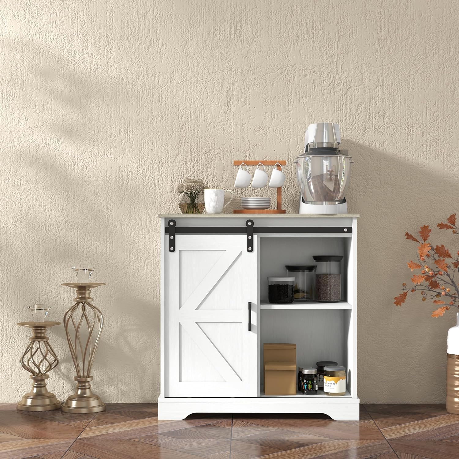 Panana Aparador con puerta corrediza de granero, aparador de buffet, gabinete de almacenamiento, cafetería, cocina, estilo granja (gabinete blanco