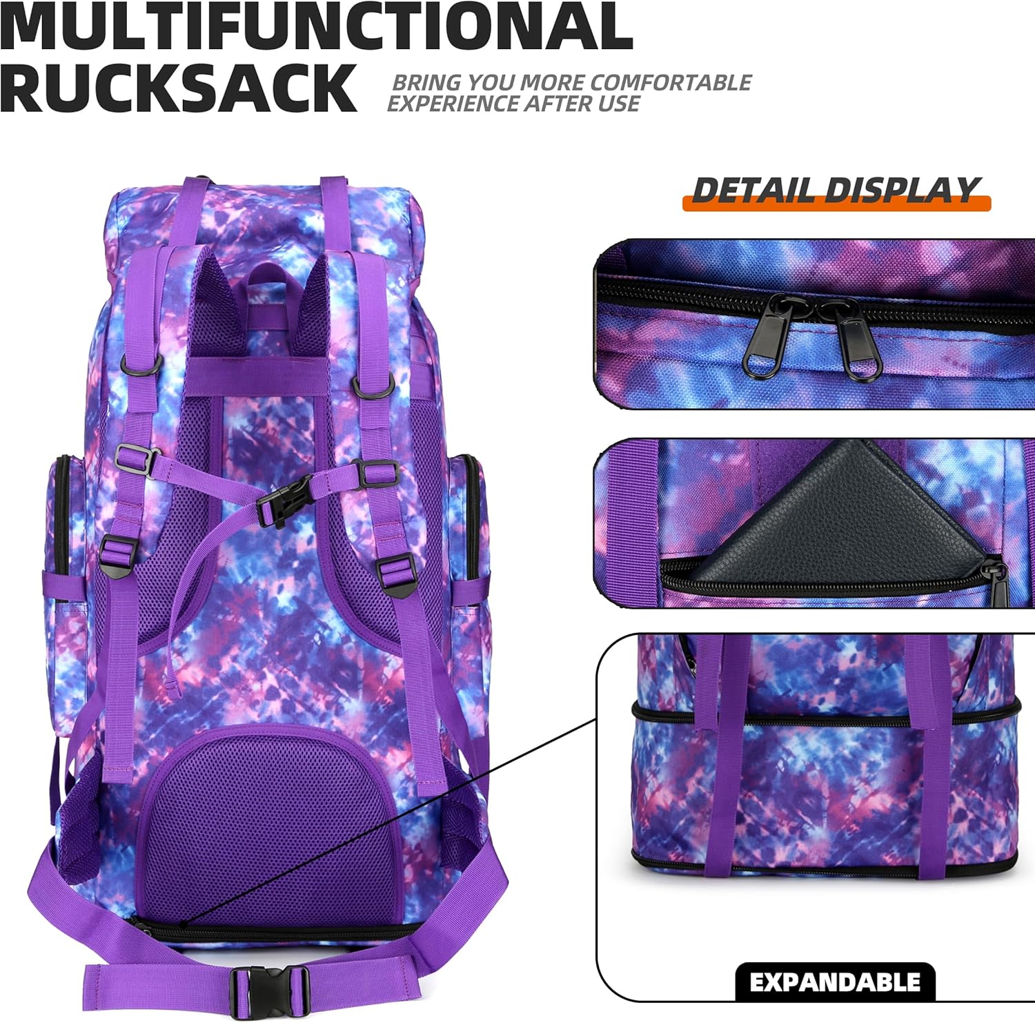 100L camping senderismo militar táctico mochila escalada al aire libre bolsas de deporte para acampar, mochilero, Púrpura (Purple Camo), Mochilas
