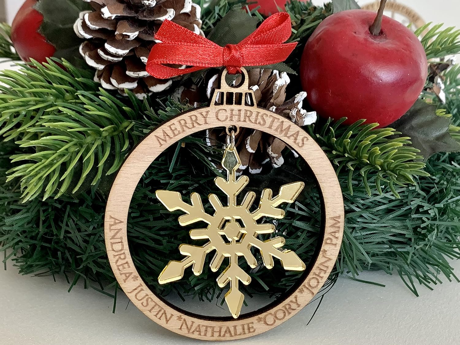 Personalized Christmas 2024 Tree Ornament, Custom Engraved Names, Family Members, Laser Cut Wood Bauble, Hanging Acrylic Snowflakes, Xmas Decor,