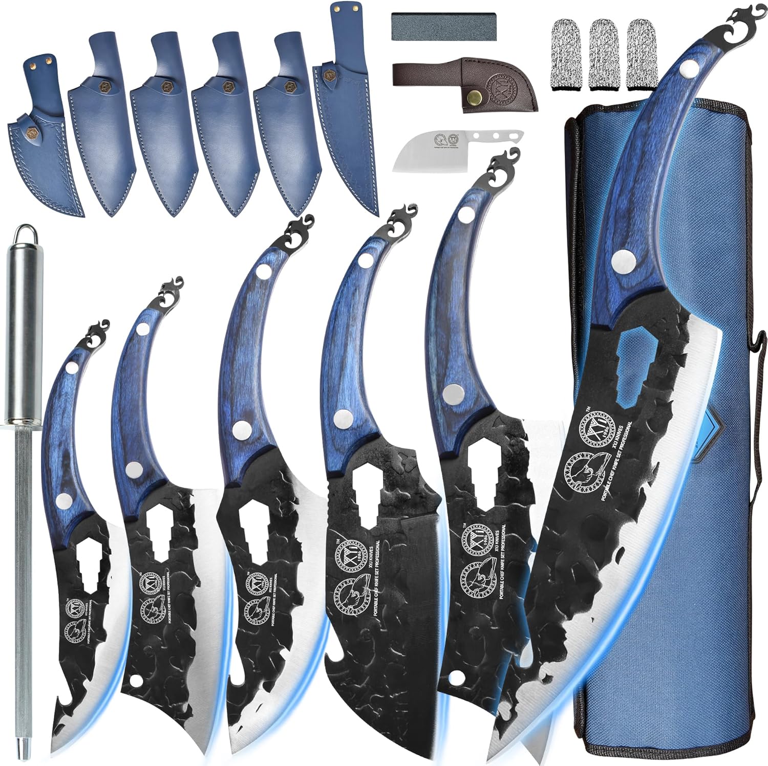XYJ Juego de cuchillos de chef portátil profesional, cuchillo de chef de espiga completa para exteriores, juego de 6 piezas de cuchillos de cocina