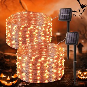 BEEWIN Paquete de 2 luces solares naranjas para exteriores, cada cadena de 100 luces LED solares de Halloween de 33 pies, alambre de cobre BEEWIN Paquete de 2 luces solares naranjas para exteriores, cada cadena de 100 luces LED solares de Halloween de 33 pies, alambre de cobre