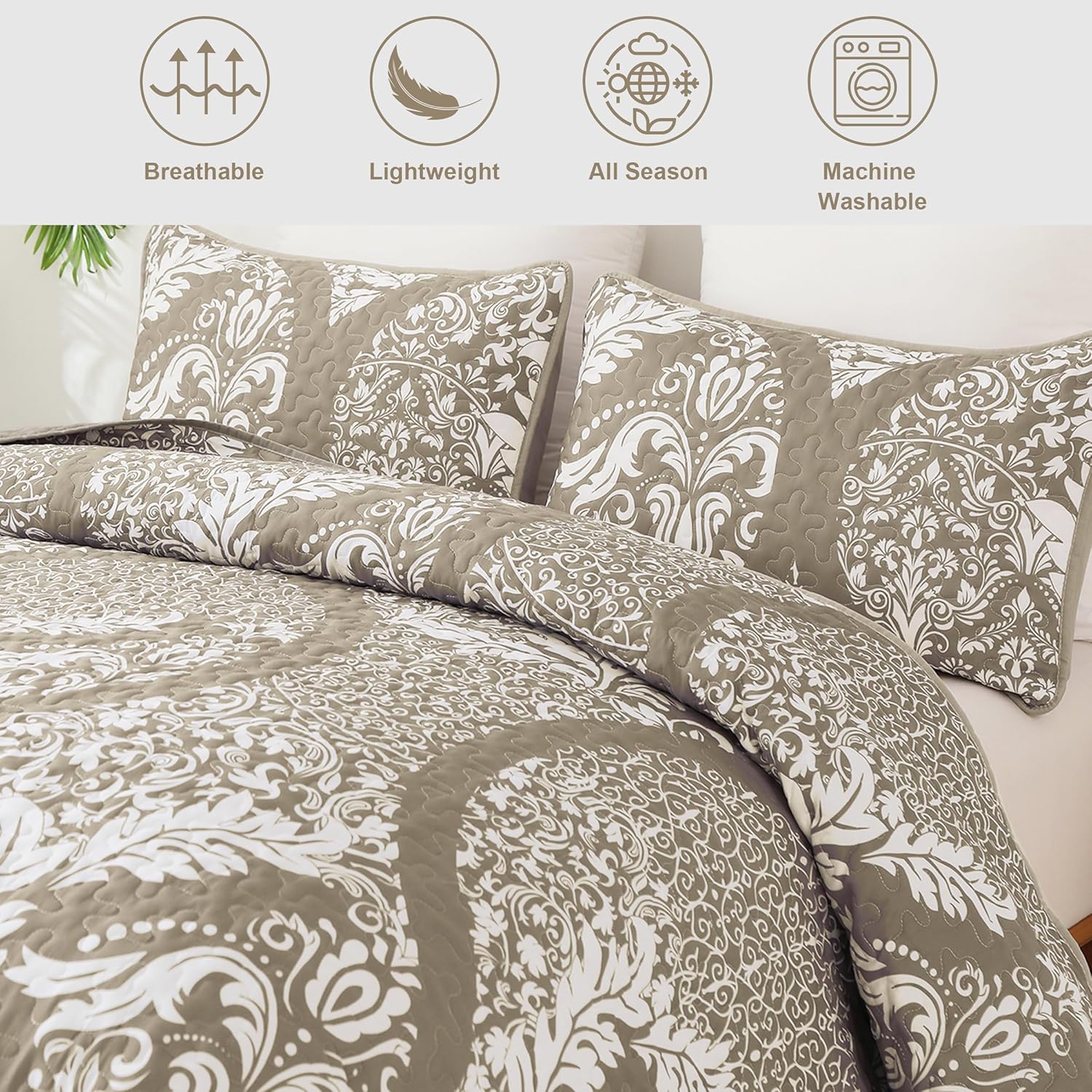 Juego de edredón beige tamaño Queen, juego de colcha bohemia de damasco tostado, juego de ropa de cama de lujo de microfibra suave y ligera de 3
