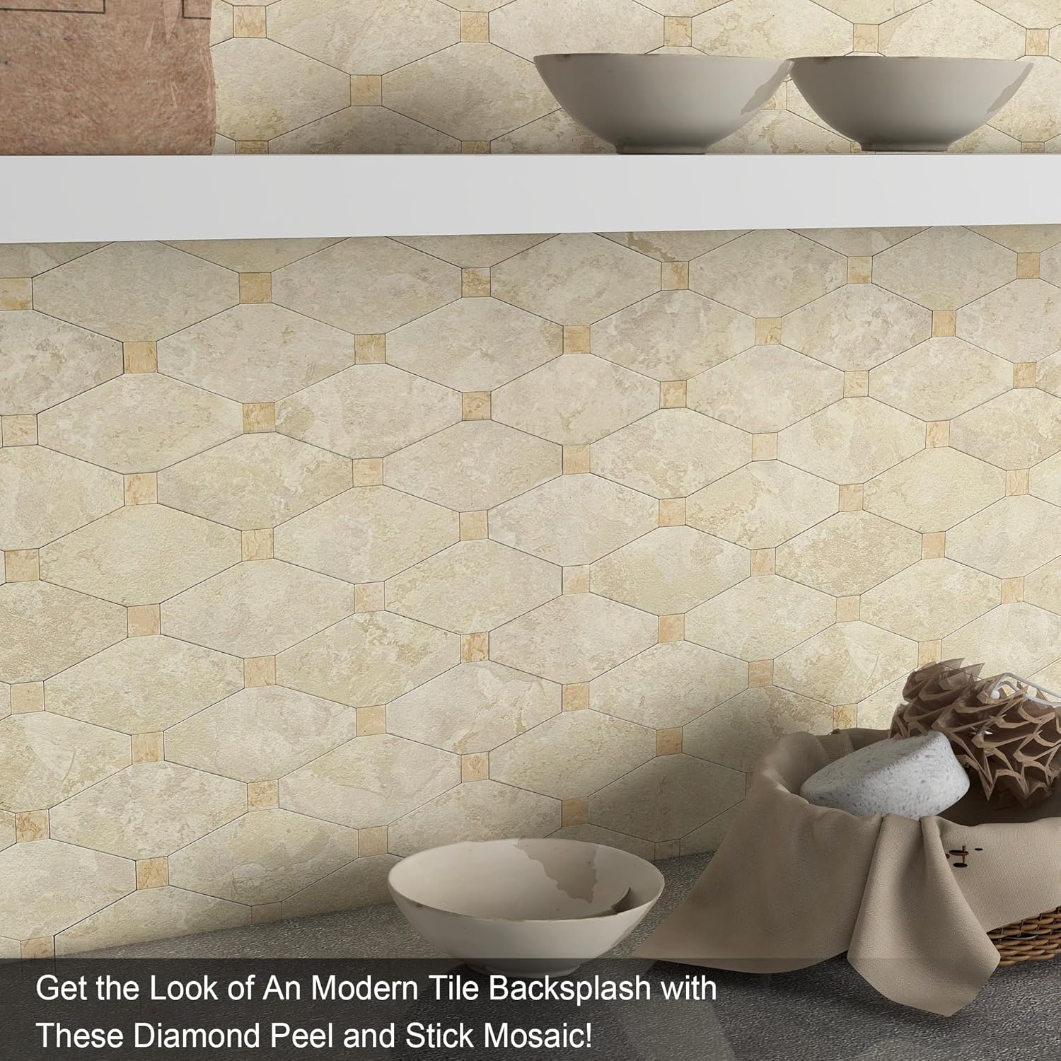 BeNice Azulejos hexagonales de mármol para cocina, azulejos de mármol hexagonales para baño (10 unidades, beige rústico)