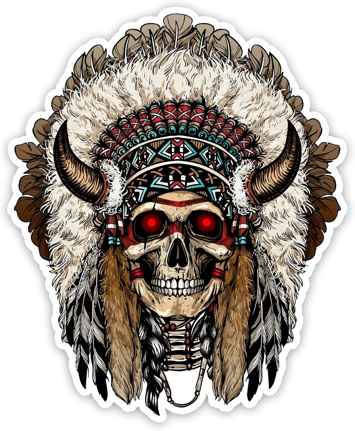 Adhesivo de nativo americano indio de calavera para tocado de jefe de esqueleto, calcomanías de vinilo para motocicleta (3 x 2 pulgadas)