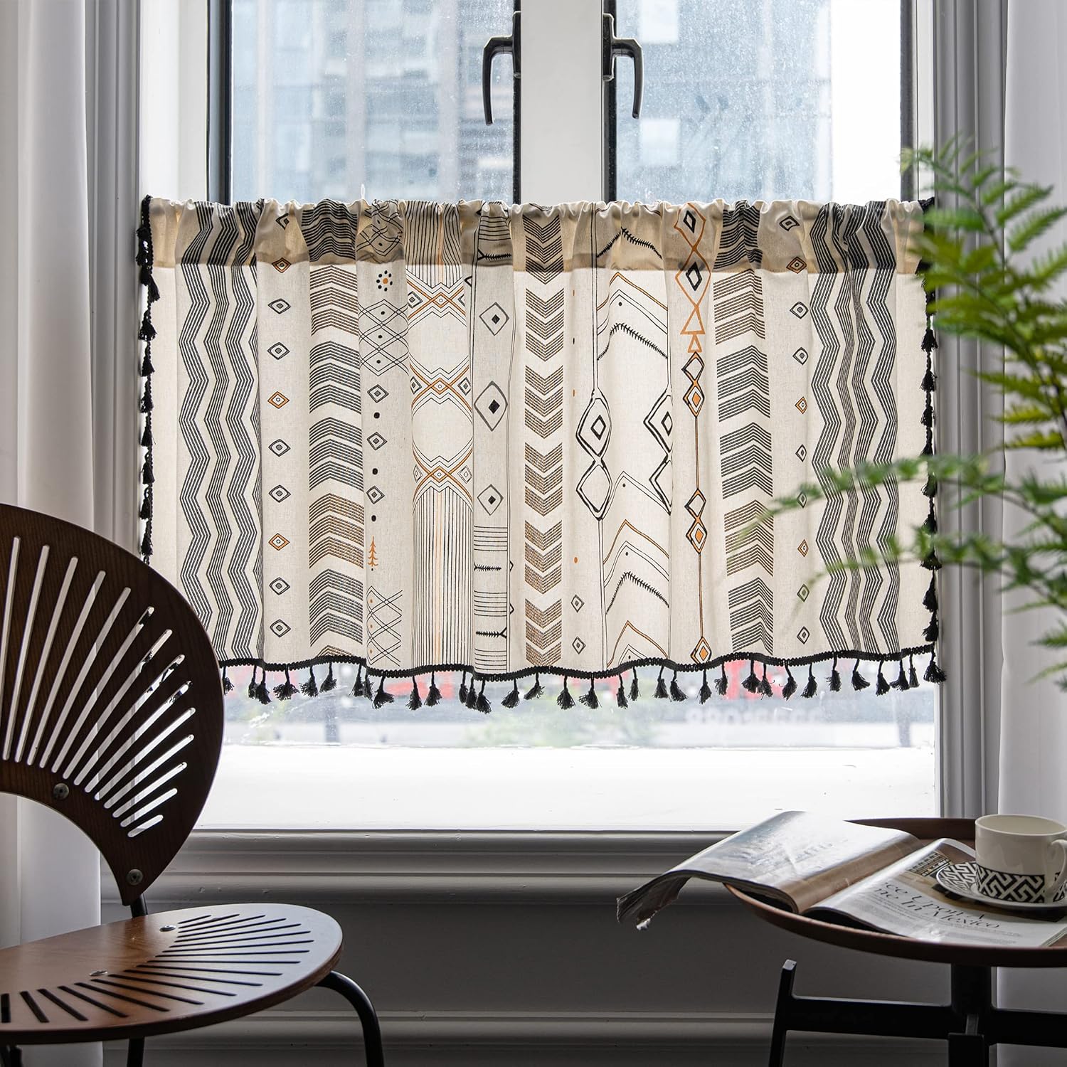 Cortinas de lino con borlas bohemias para ventana, semiopacas, panel geométrico bohemio para sala de estar, cocina, cafetería, comedor, cenefas