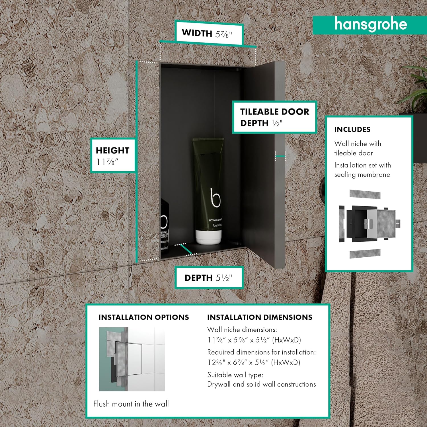 hansgrohe XtraStoris 56088670 – Nicho de pared empotrado de roca con puerta de baldosa, 12 x 6 x 5.5 pulgadas, color negro mate