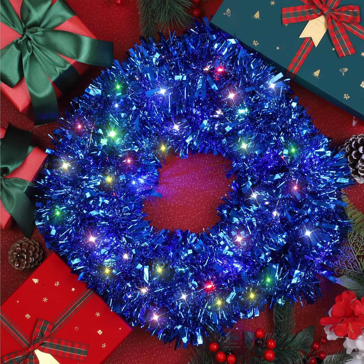 Fovths Guirnalda de oropel de Navidad de 39.4 pies con 120 luces LED, guirnalda de oropel colgante para decoración de árbol de Navidad, azul rey