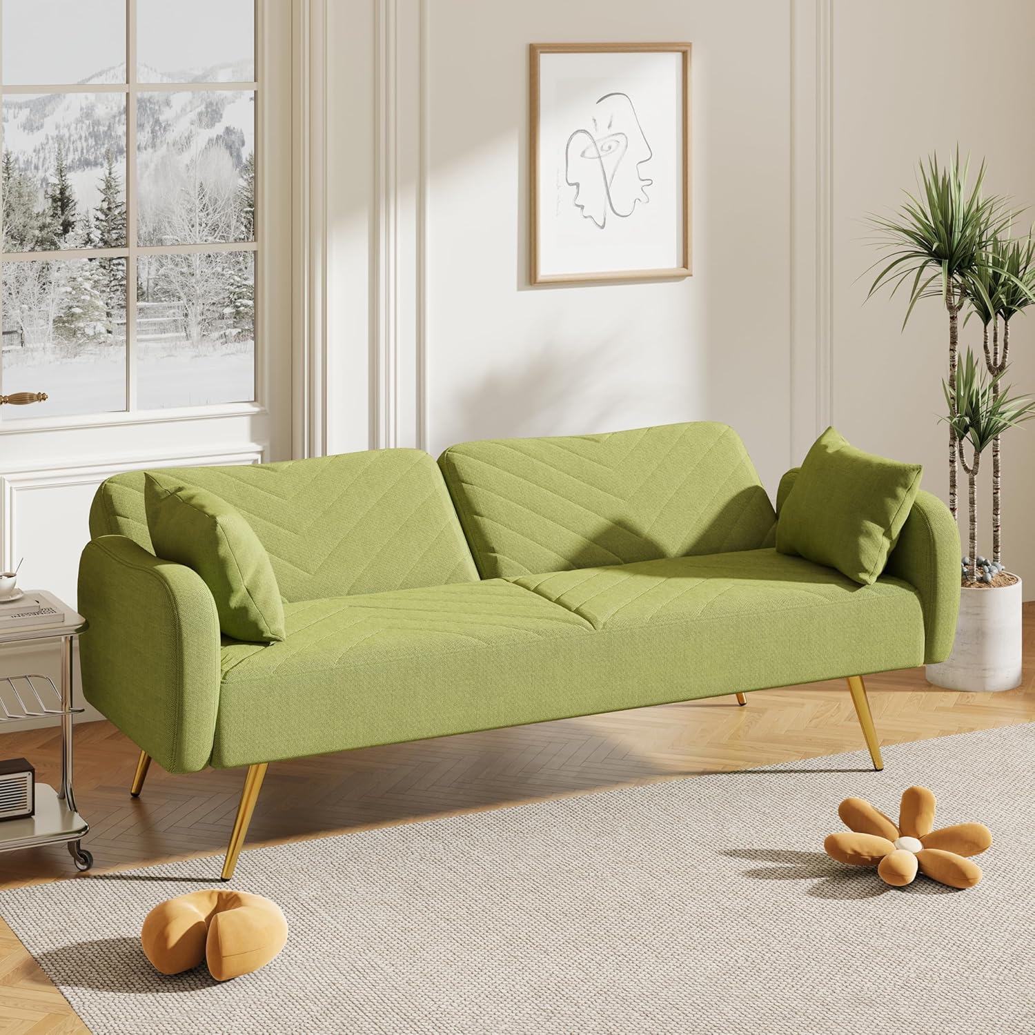 Sofá biplaza verde de 70 pulgadas, sofá cama moderno de mediados de siglo con respaldo dividido y dos almohadas, sofá cama convertible para sala de