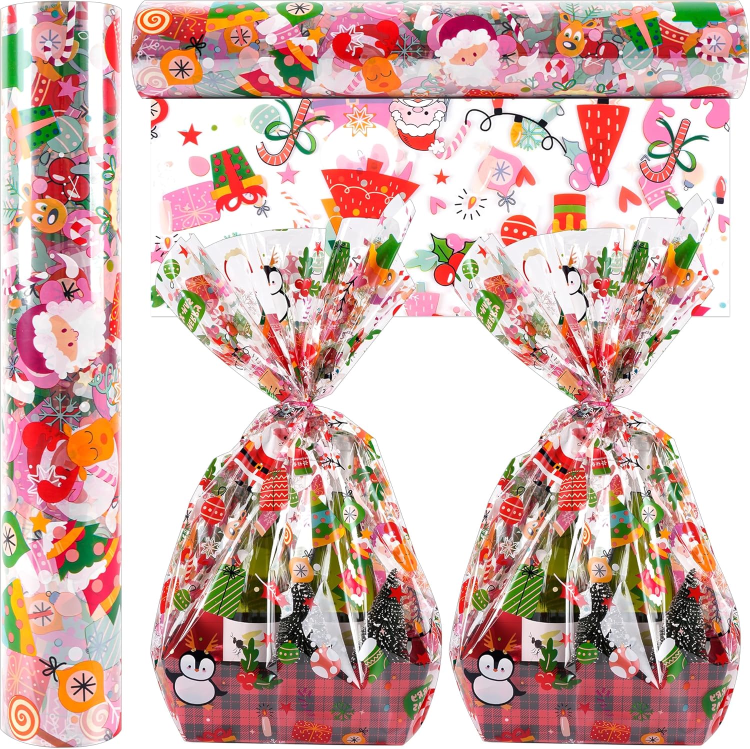 Rollo de celofán de Navidad de 100 pies x 32 pulgadas, bolsas de celofán de Navidad, envoltura de celofán con árbol de Navidad especial de Papá Noel