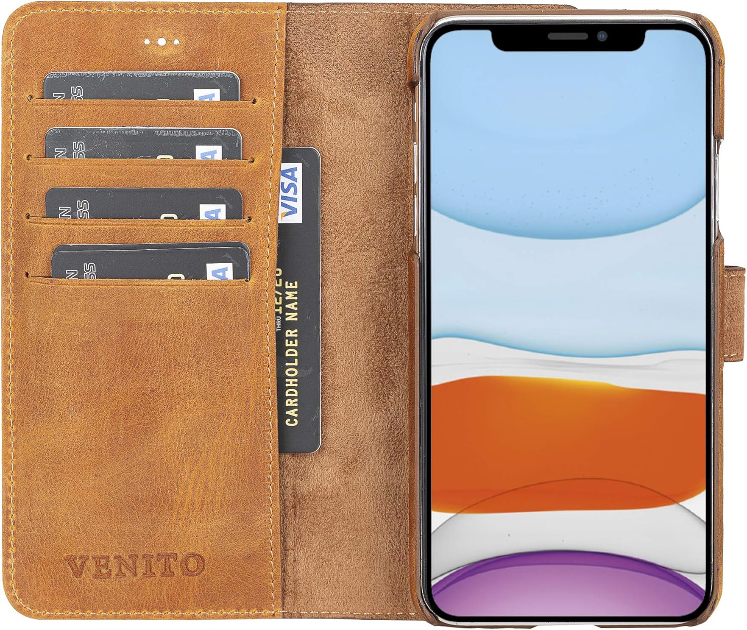 Venito Florence – Funda de piel tipo cartera compatible con iPhone 11 Pro Max, extra segura con bloqueo RFID, cartera desmontable para teléfono