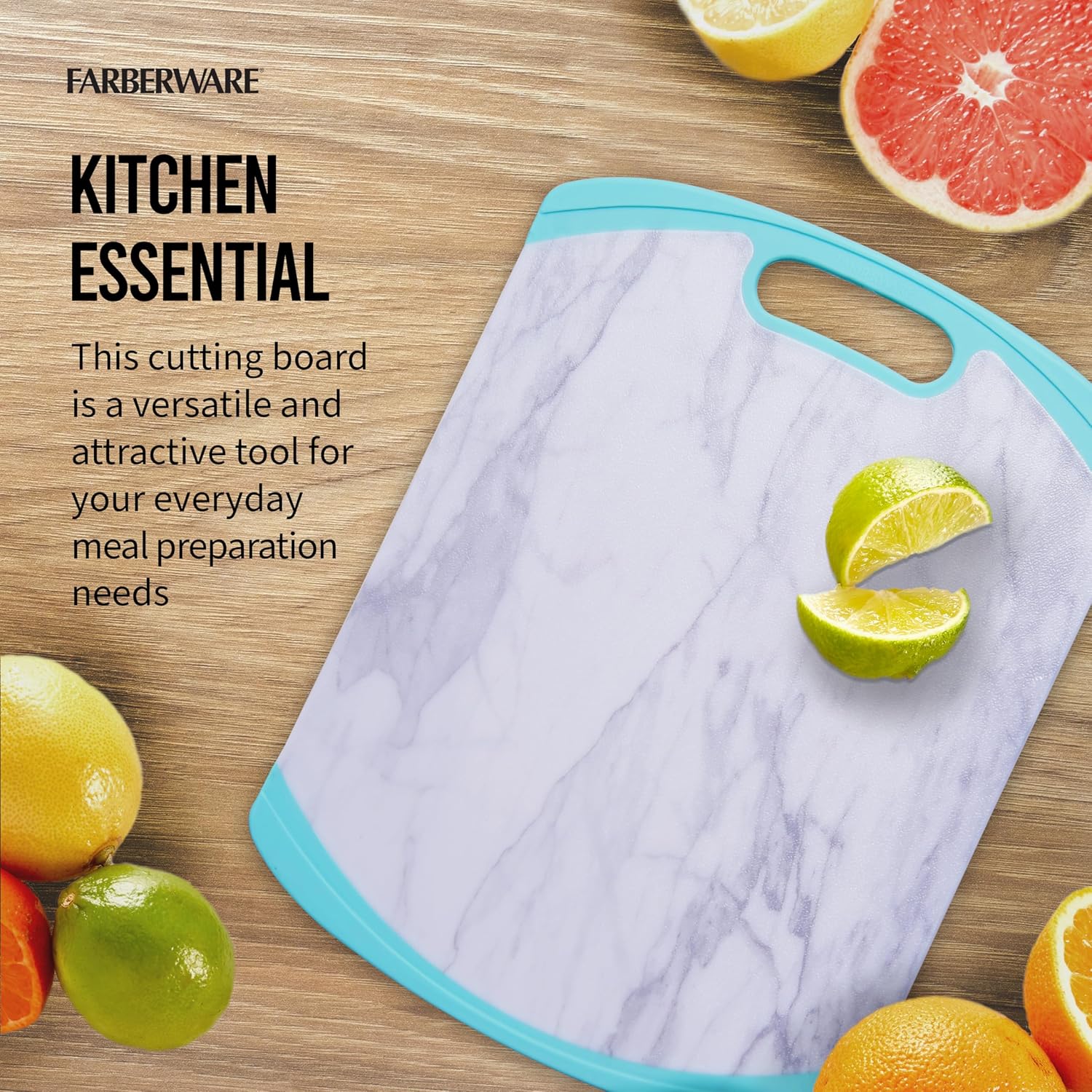 Farberware Tabla de cortar de plástico con bordes antideslizantes aguamarina y elegante patrón de mármol. Lavavajillas esencial para el uso diario,