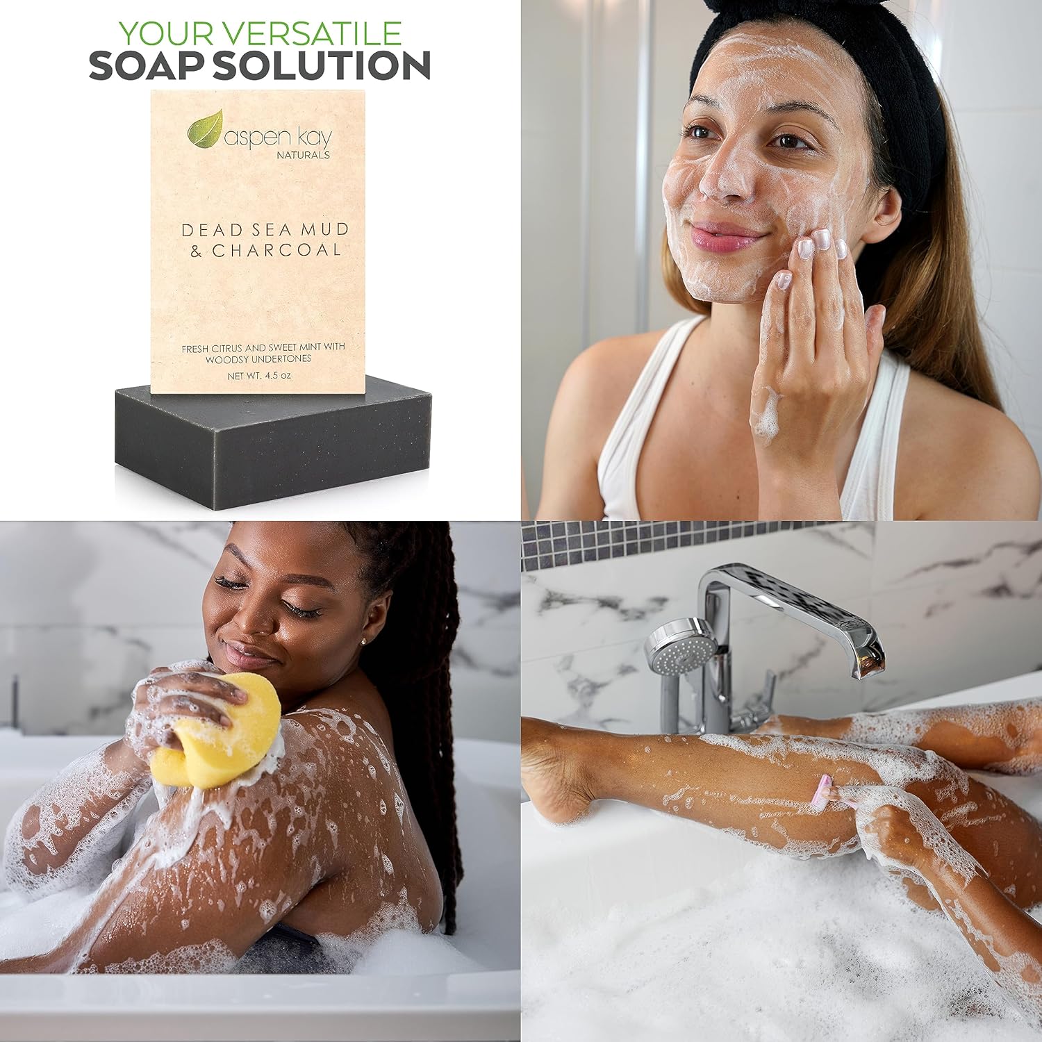 Aspen Kay Naturals Barra de jabón hecha a mano del Mar Muerto para cara y cuerpo (paquete de 6) natural y orgánico – Carbón activado y aceites