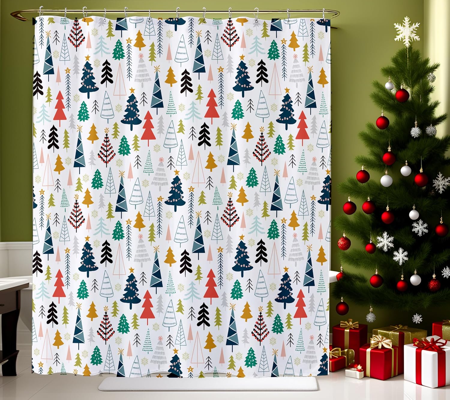 Get Orange Cortina de ducha con diseño de árbol de Navidad, diseño de acuarela, árbol de Navidad, tela de poliéster, cortina de ducha de baño, 72 x