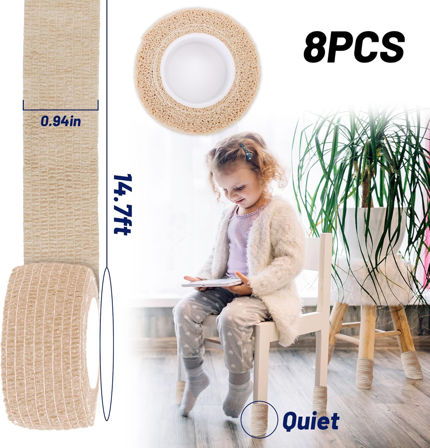Paquete de 8 protectores de suelo para patas de silla, cinta antideslizante silenciosa, cinta protectora de suelo de muebles, silenciosa y