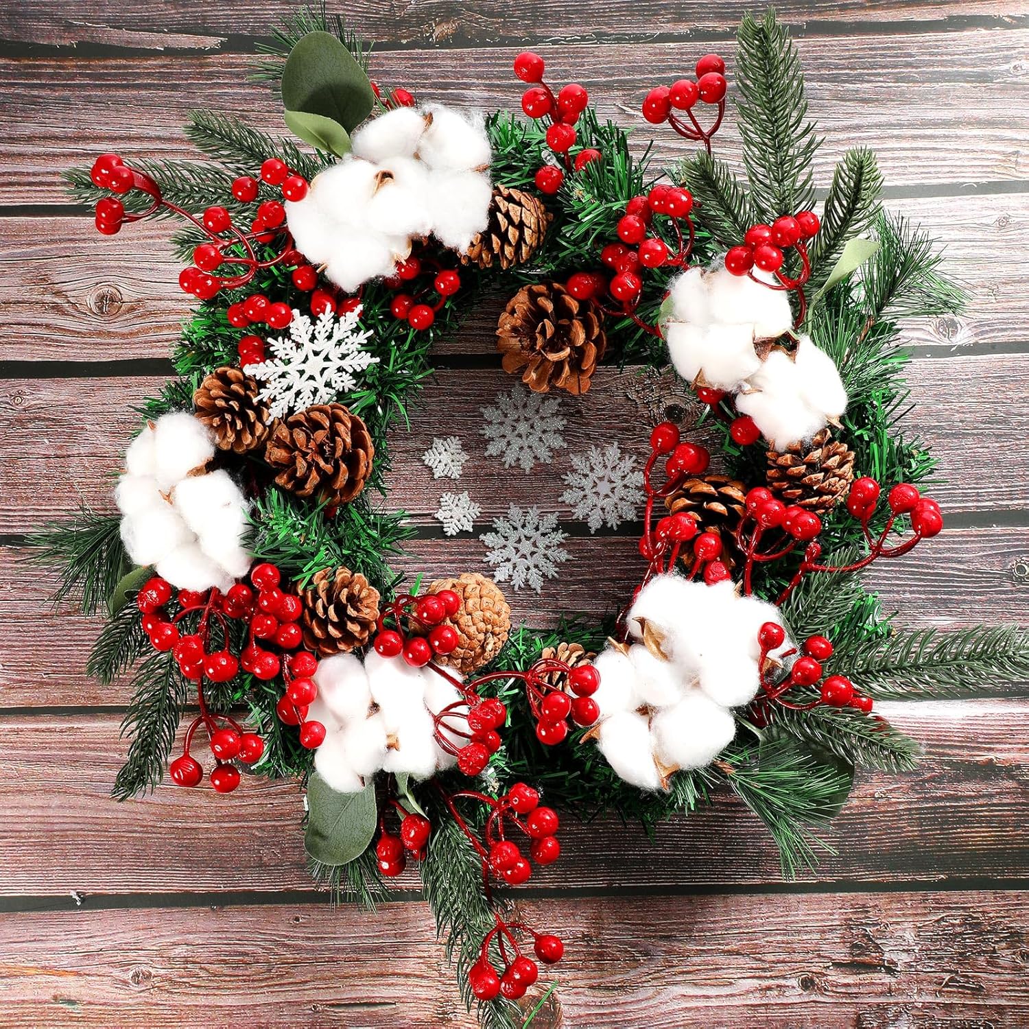 12 púas de pino nevado de Navidad, púas de bayas rojas, púas artificiales de pino de acebo, bayas falsas, conos de pino para manualidades de