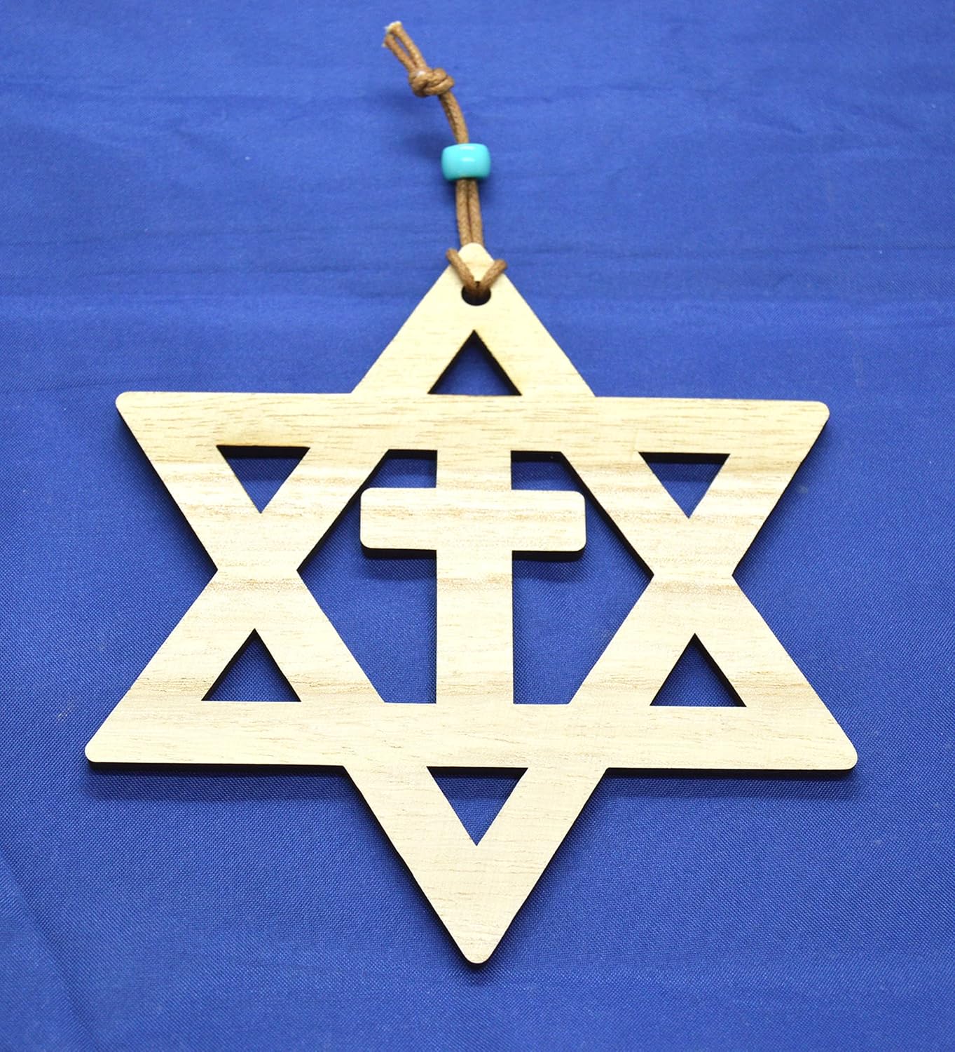 Star of David with the cross walnut or Basswood wooden cutout ornament wall art 5″ Messianic Jewish gift (Brown)