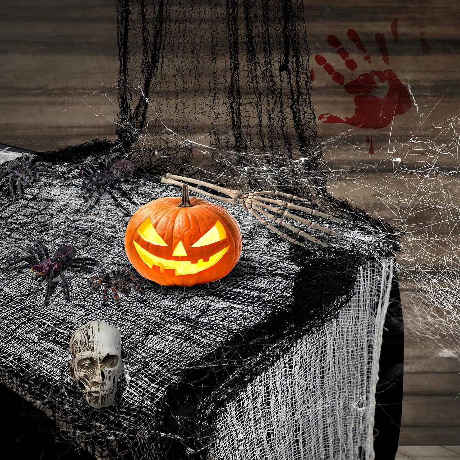 FestiCorp Juego de tela espeluznante negra 3 en 1 de Halloween, 6 piezas de 30 x 72 pulgadas, paños de queso con arañas y murciélagos, red de