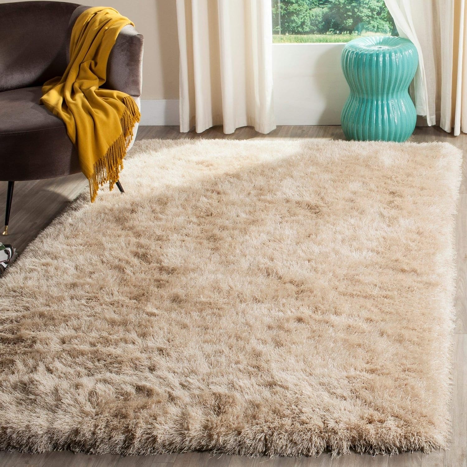 Safavieh, tapete Venice Shag Collection SG256C, de poliéster, hecho a mano, color champaña, Polipropileno, Champán