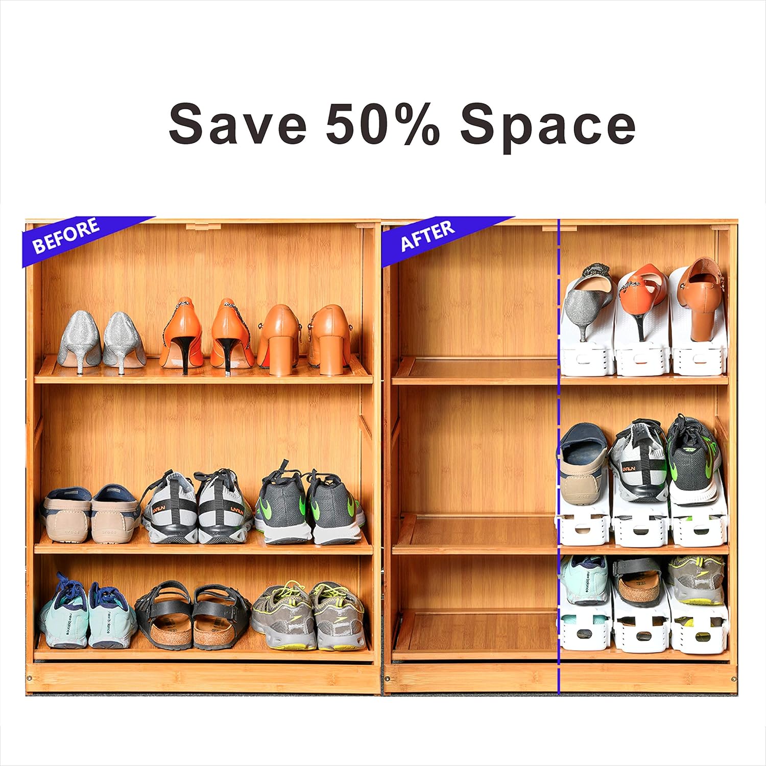 Yashong Organizador de ranuras para zapatos, 24 unidades, ajustable, doble capa, soporte de almacenamiento con 50% de ahorro de espacio, color blanco