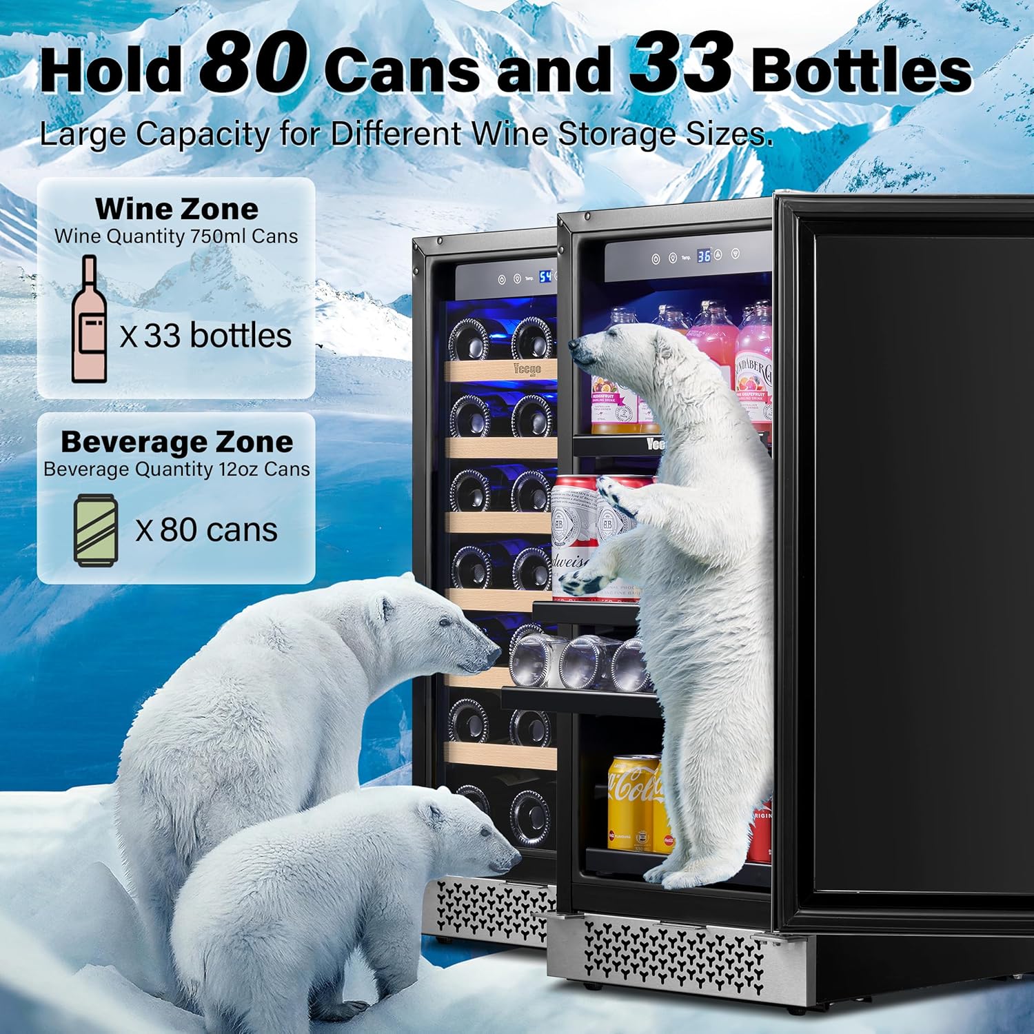 Refrigerador de vino y bebidas de 30 pulgadas y refrigerador de vino y cerveza, dos enfriadores de bebidas de vino de 15 pulgadas debajo del