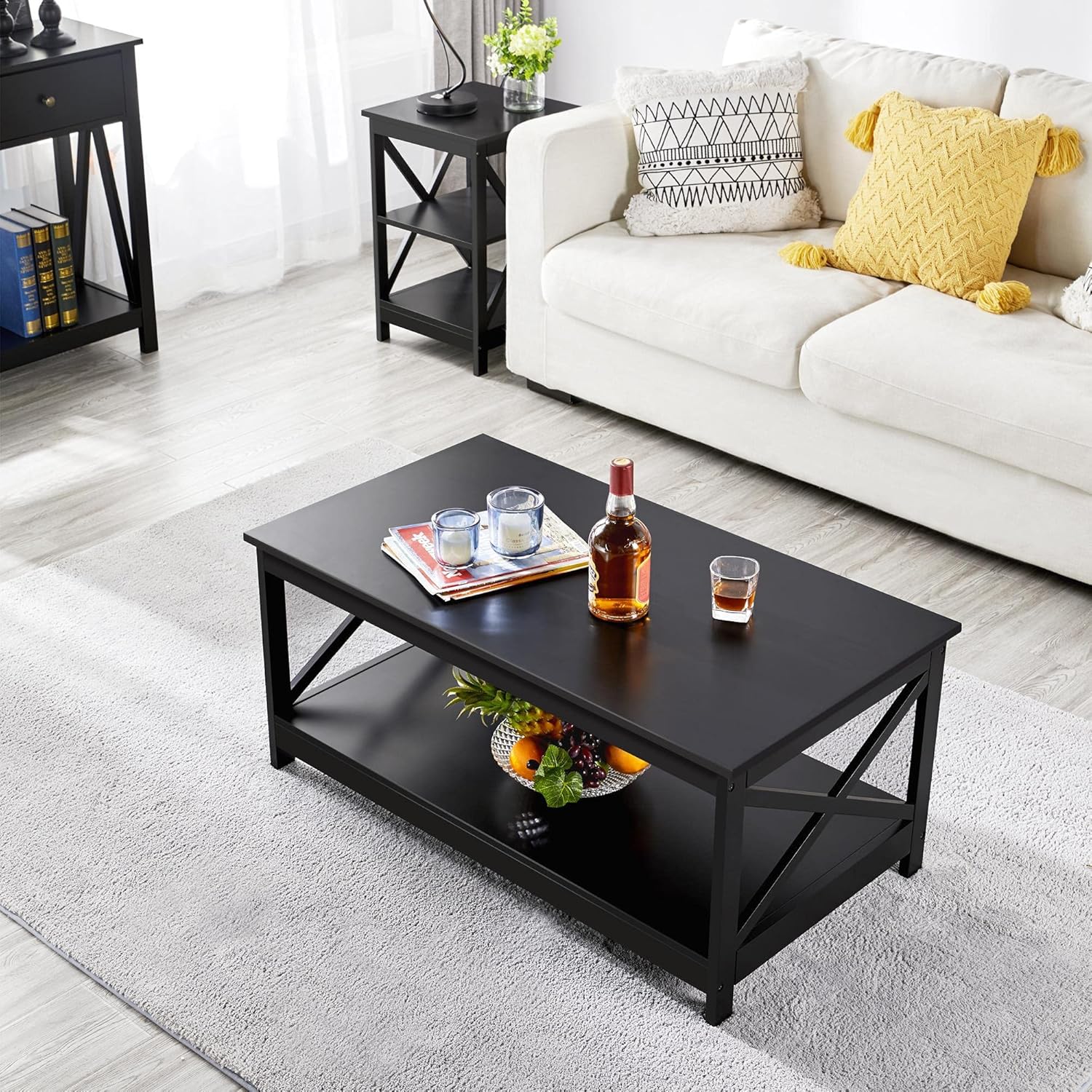 Topeakmart X-Design – Juego de 3 mesas de sala de estar, con 1 mesa auxiliar y 2 mesas laterales para sofá, color negro
