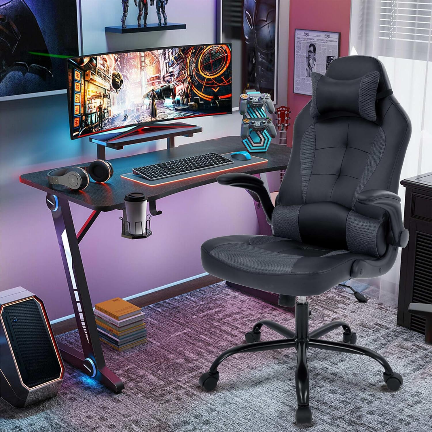 Silla de juegos barata para computadora, silla ergonómica de videojuegos de piel sintética, respaldo alto, silla giratoria de escritorio de oficina