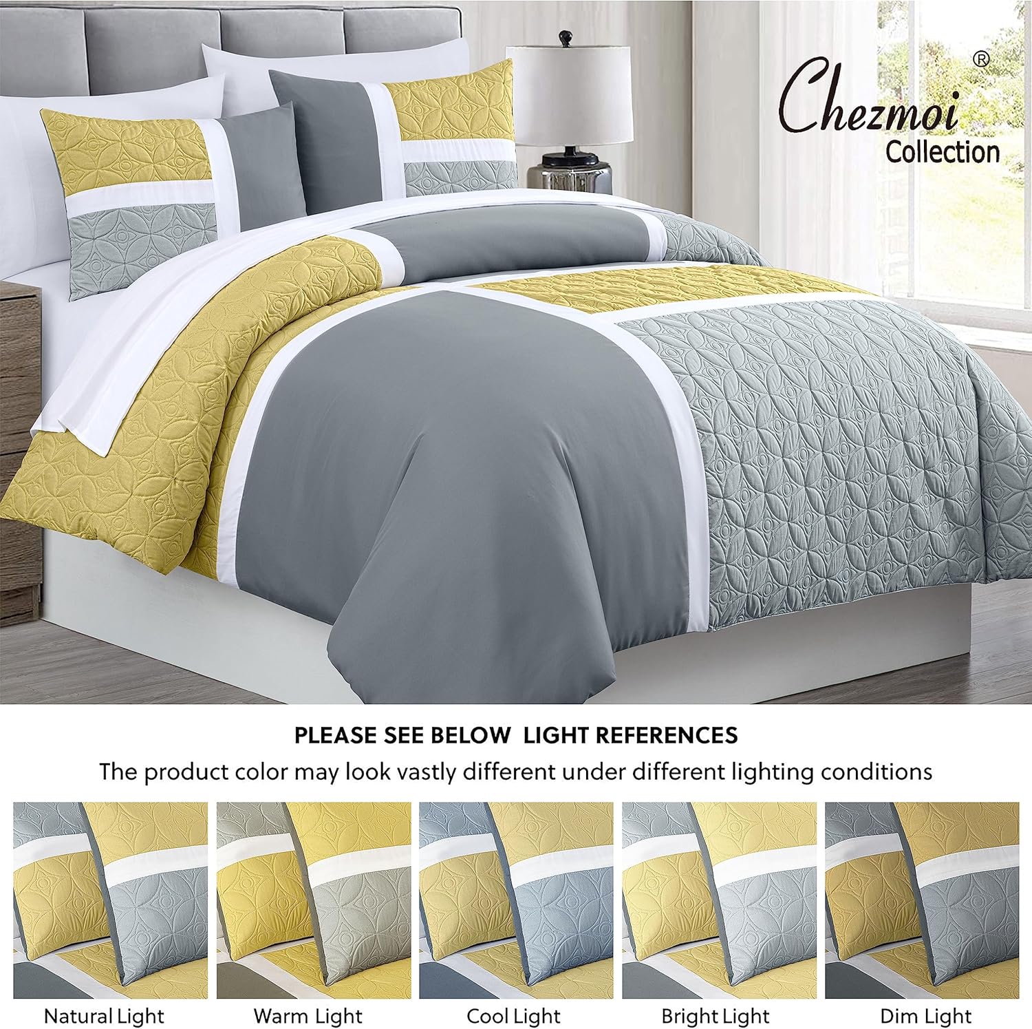Chezmoi Collection Bernard – Juego de edredón tamaño Queen de 7 piezas con sábanas, edredón ligero, color amarillo, gris carbón, medallón acolchado,