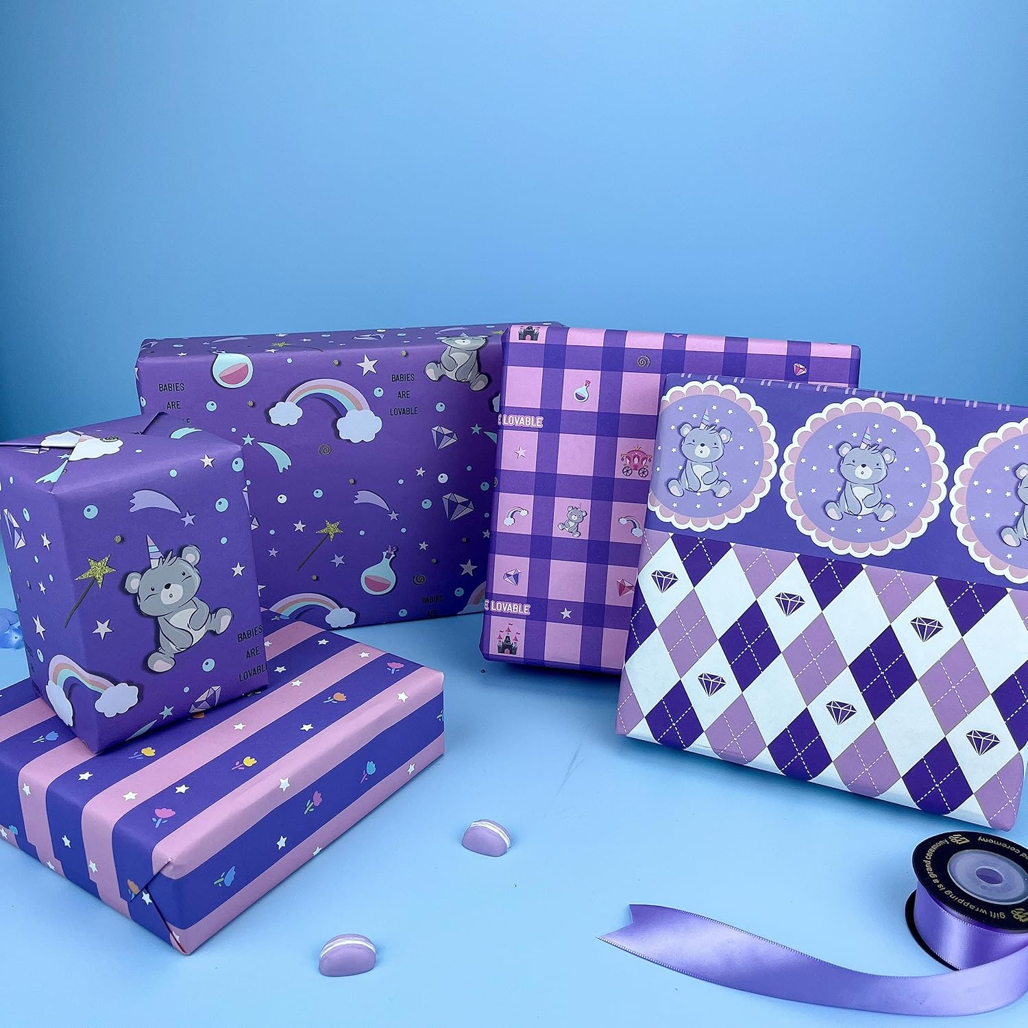 Dtiafu Papel de regalo para bebé, 10 hojas de papel de regalo morado y rosa para baby shower, cumpleaños, baby shower, oso, diamante, arco