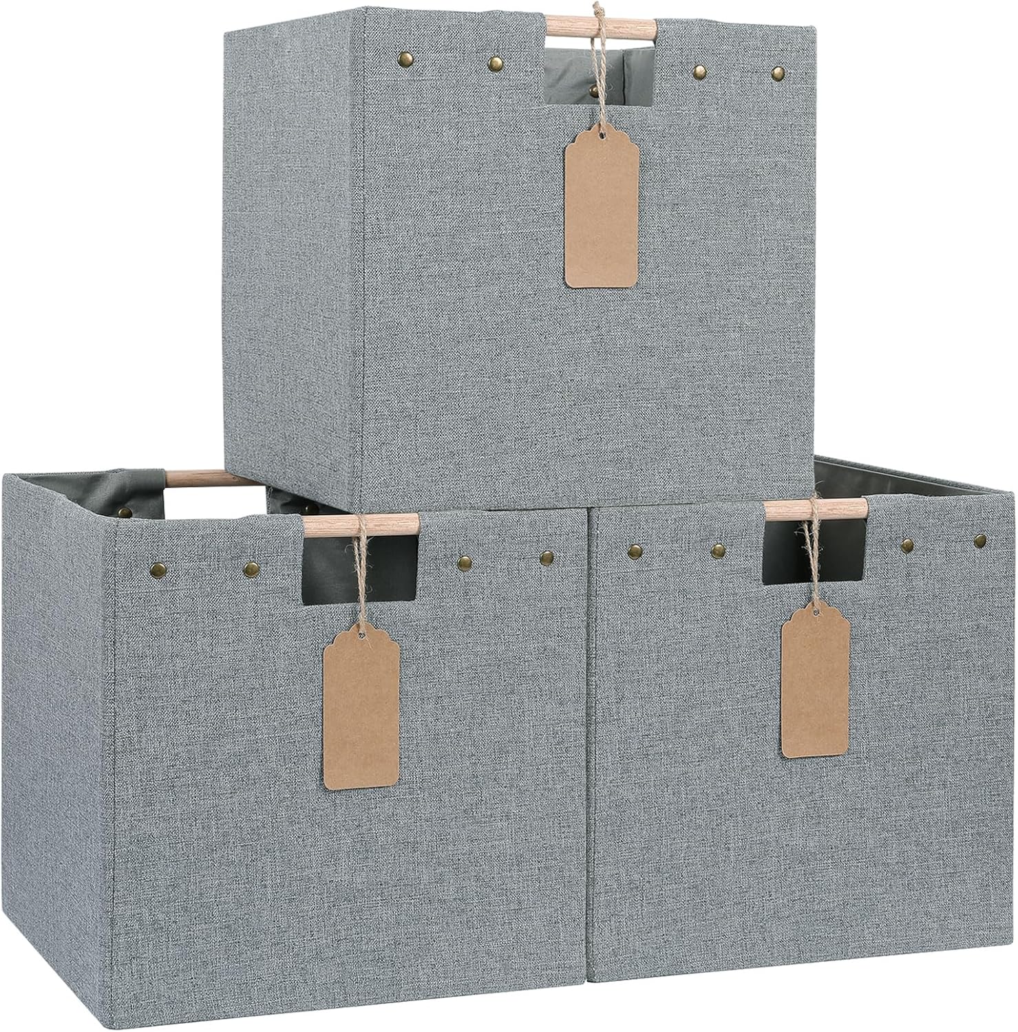 LaMorée Contenedores de almacenamiento de tela, 3 cubos plegables de 11 x 11 pulgadas, cestas de almacenamiento de lino y algodón con asas de