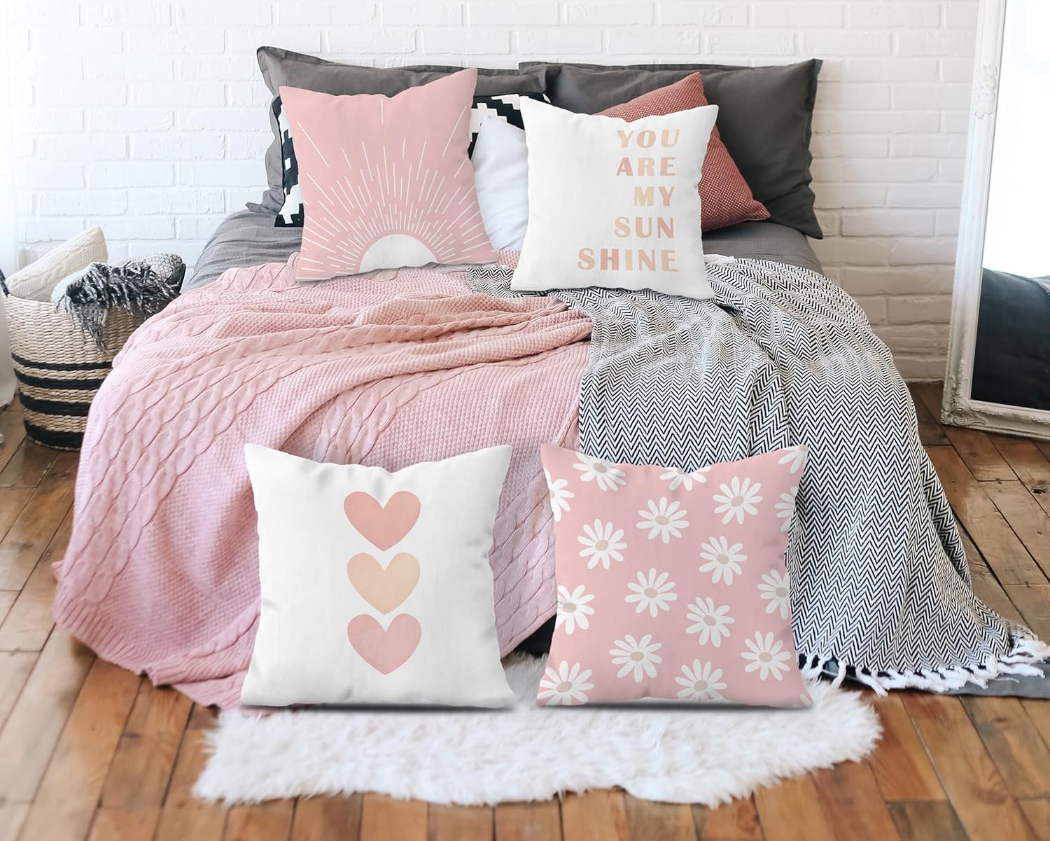 FLDAS Juego de 4 fundas de almohada Preppy de 18 x 18 pulgadas, fundas de almohada bohemias de preppy, decoración rosa para guardería, decoración de