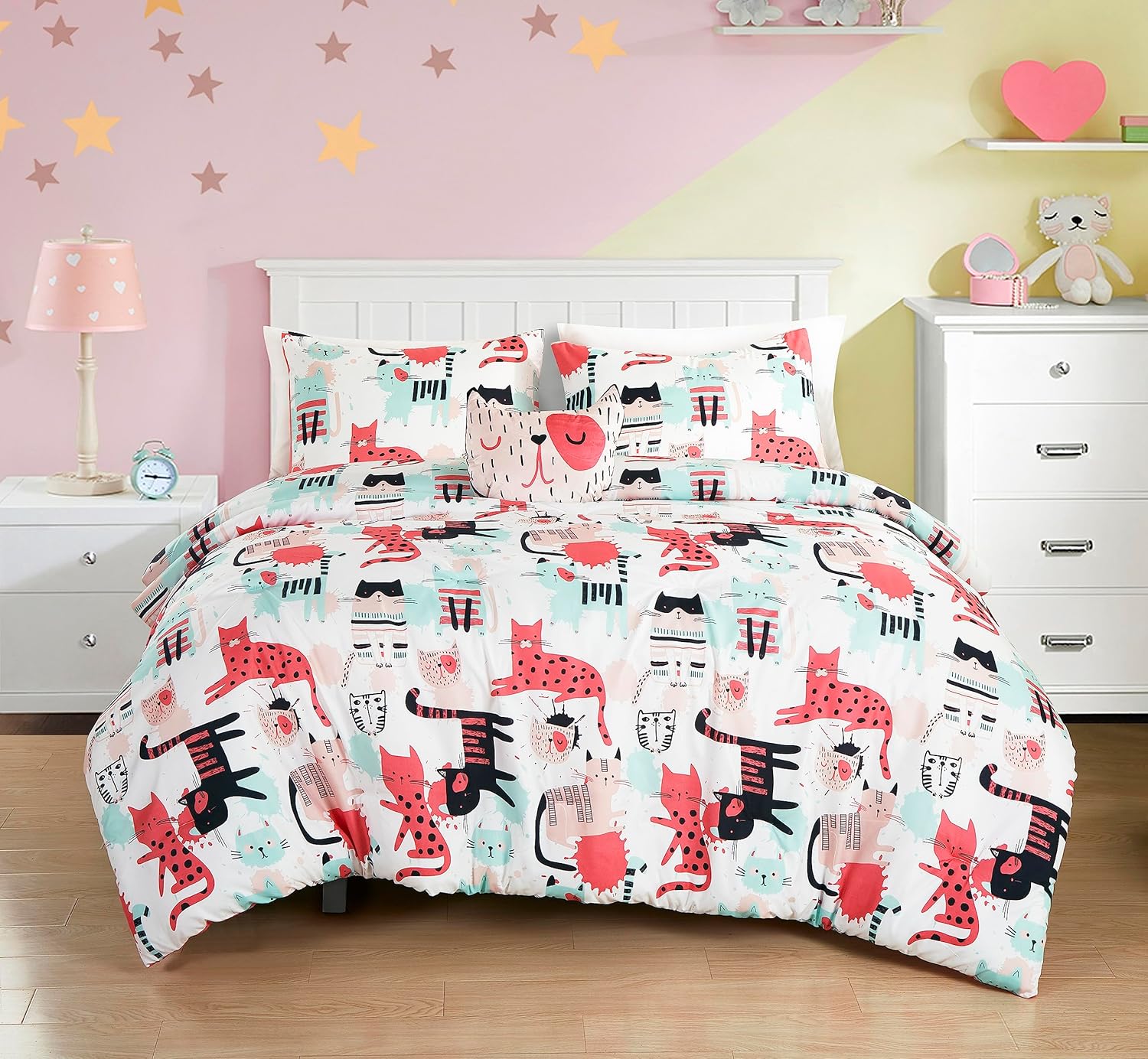 Chezmoi Collection Juego de ropa de cama de 3 piezas con diseño de gatos de dibujos animados, tamaño individual, juego de edredón de microfibra