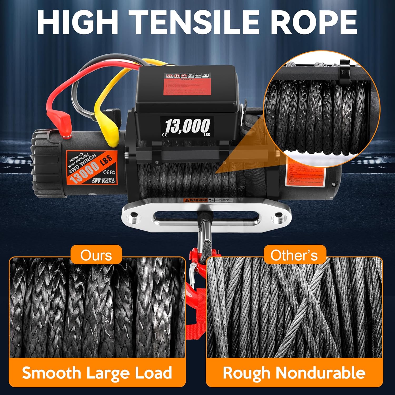Rengue Cabrestante eléctrico, 13000 libras con cuerda sintética de 65 pies, cabrestante de potencia de 12 V con control remoto inalámbrico IP67 ATV