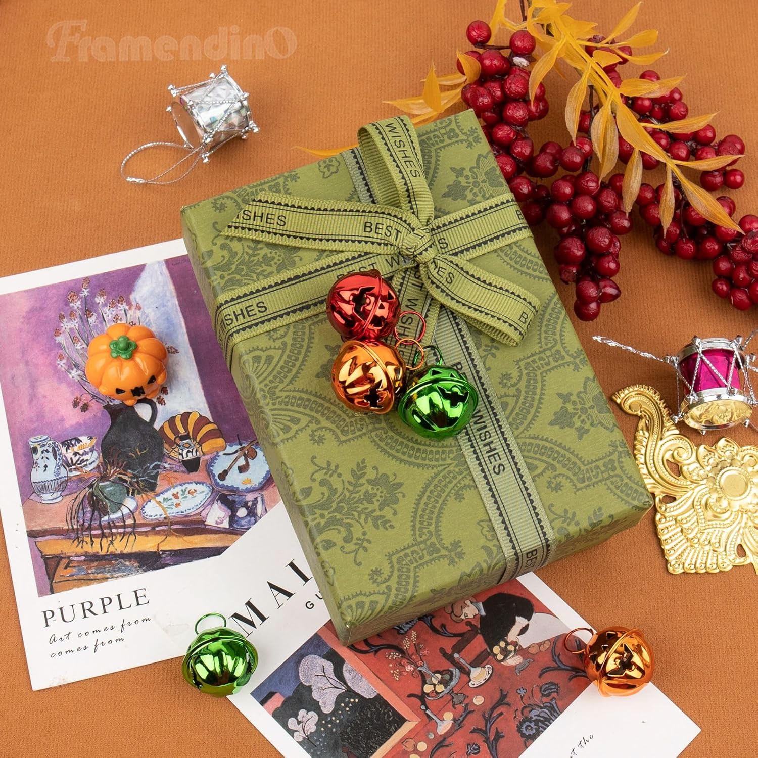 Framendino, Paquete de 60 campanas de calabaza, campanas de Halloween, cascabeles coloridos para Halloween, cuentas de calabaza