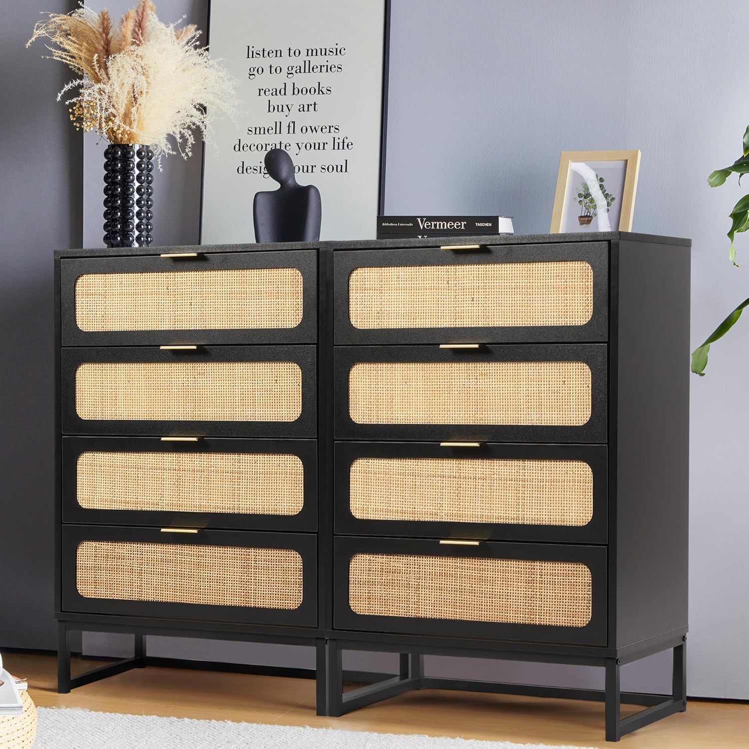 Cómoda de 4 cajones para dormitorio, cómoda de ratán, cómoda de armario, cómoda de almacenamiento de madera alta para sala de estar, dormitorio de