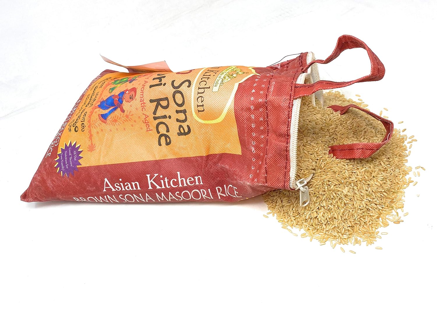 Asian Kitchen Brown Sona Masoori Arroz envejecido Bolsa de 4 libras, 4 libras (4.0 lbs) Arroz de grano corto  Todo natural  Apto para gluten  Vegano