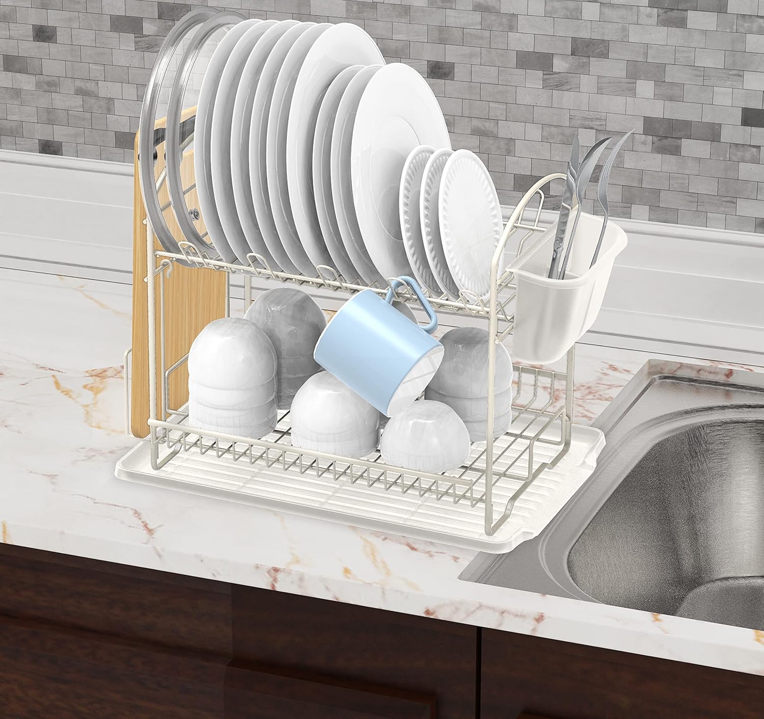 Simple Houseware Escurridor de platos de 2 niveles con escurridor, color blanco