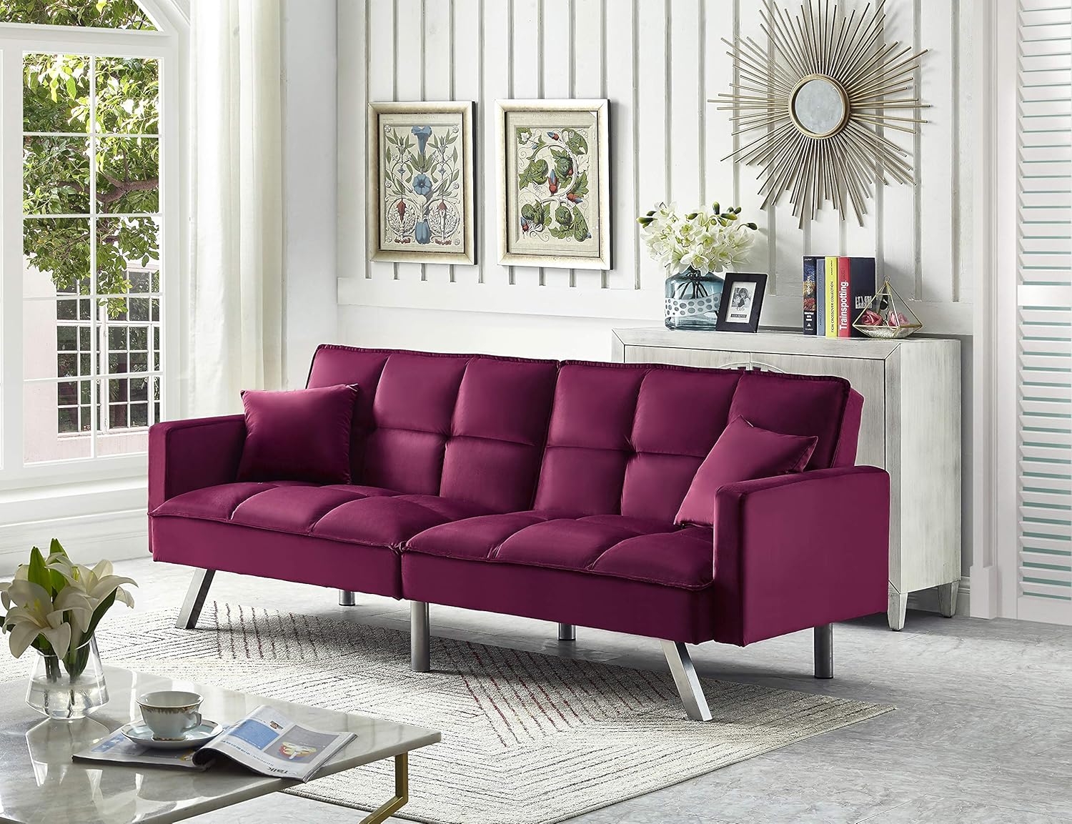 Legend Vansen – Sofá cama convertible de madera y terciopelo de 80 pulgadas, color rojo