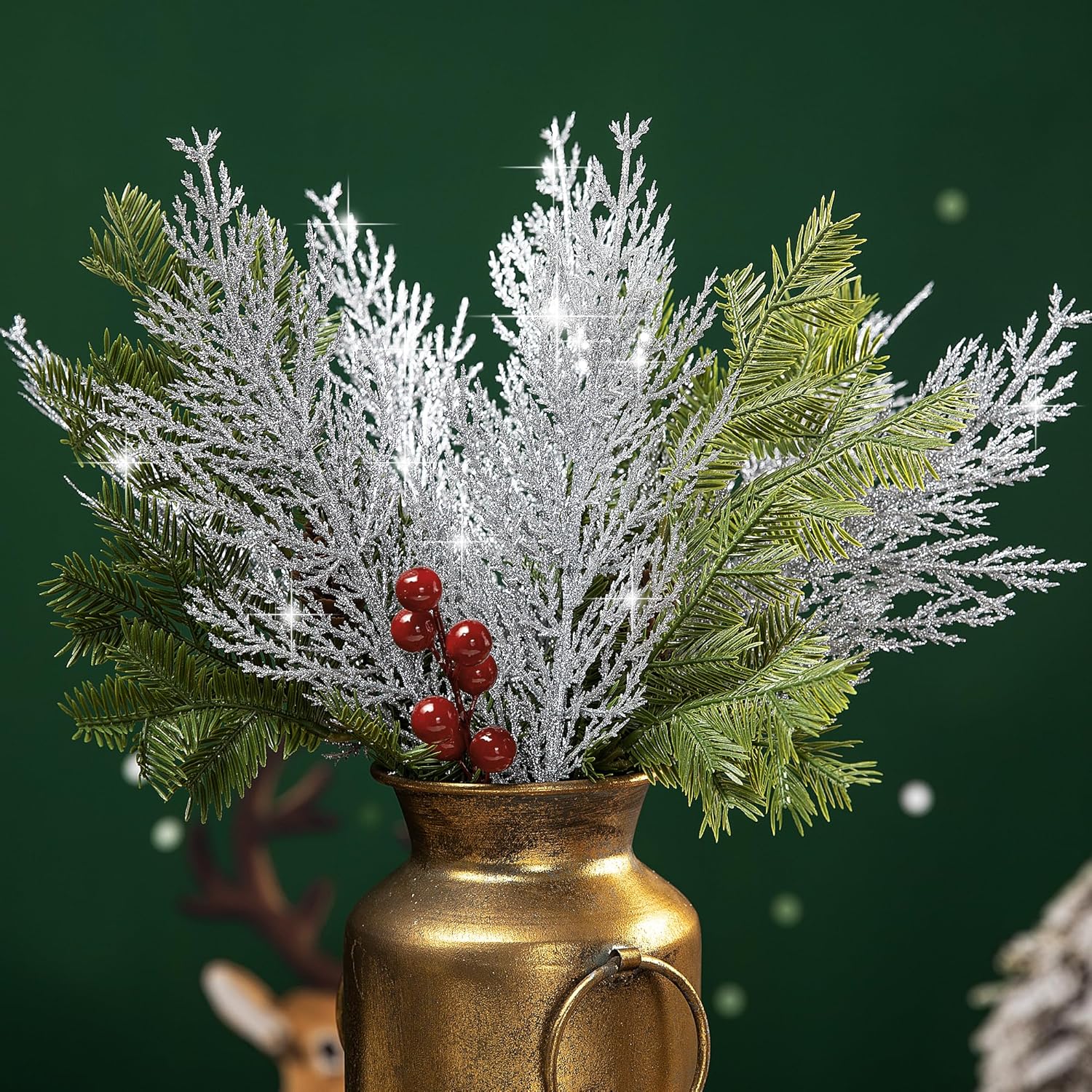 Alpurple 25 ramas de pino artificial de plata de Navidad, 13.5 pulgadas, tallos de pino de follaje falso, hojas plateadas, agujas de pino