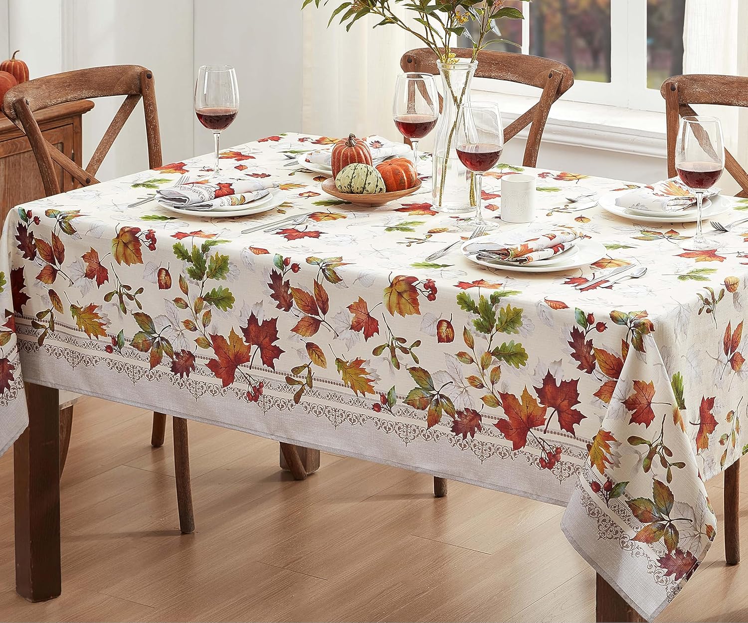 Newbridge Autumn Essentials – Mantel de tela con borde de follaje de otoño, hojas cambiantes, de fácil cuidado, a prueba de manchas, resistente a