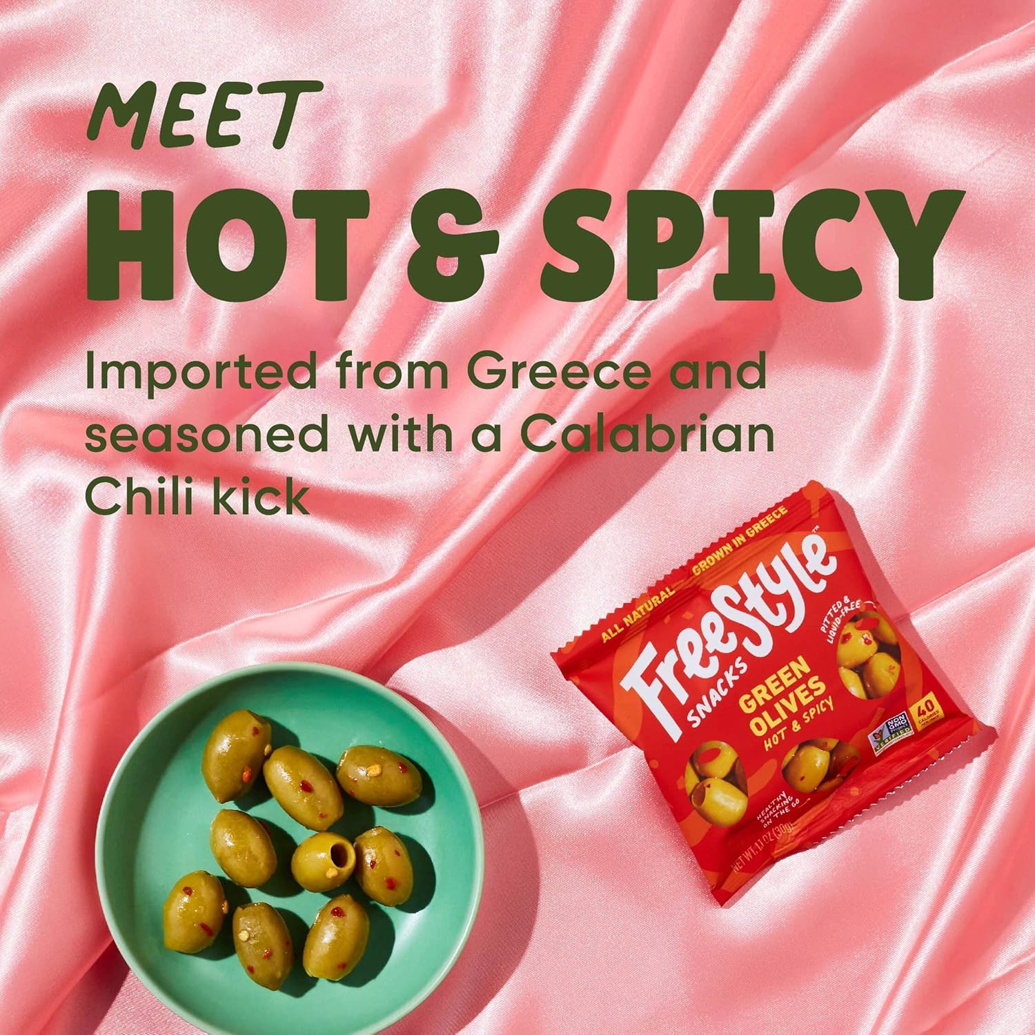 Freestyle Snacks Paquetes de aceitunas  Paquete de 3 sabores  Ajo limón, original, picante y picante  (18) paquetes de 1.1 oz en total  Aceitunas
