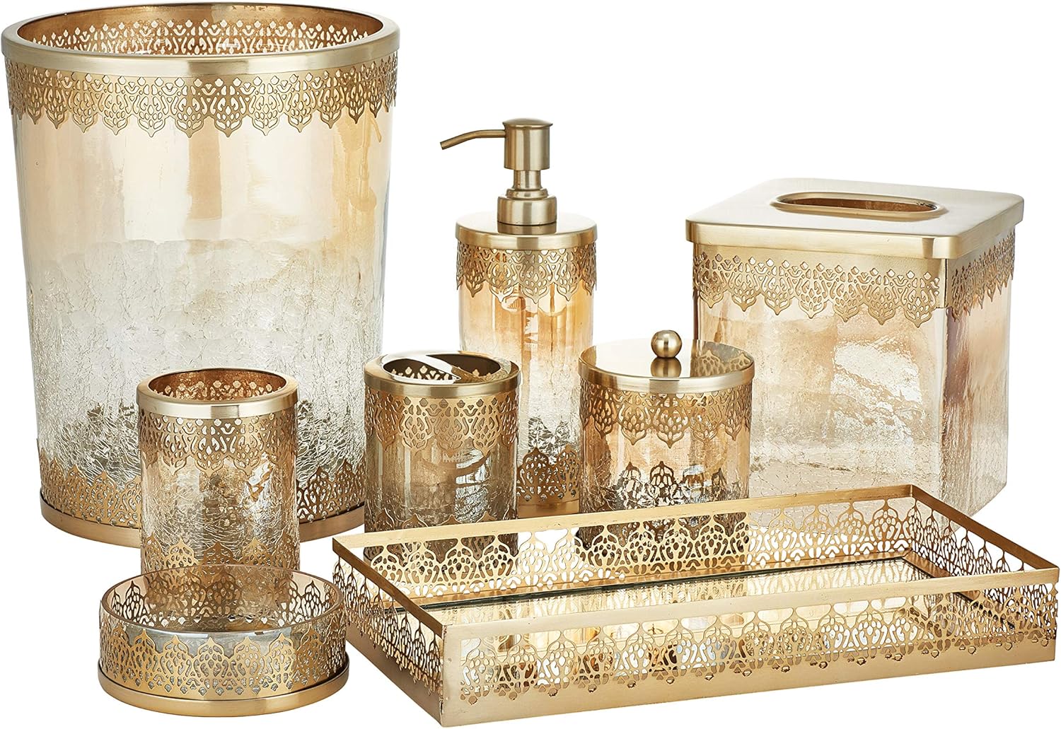 Irene – Jabonera marroquí de vidrio agrietado y metal, dorado, 4.25×4.25 pulgadas
